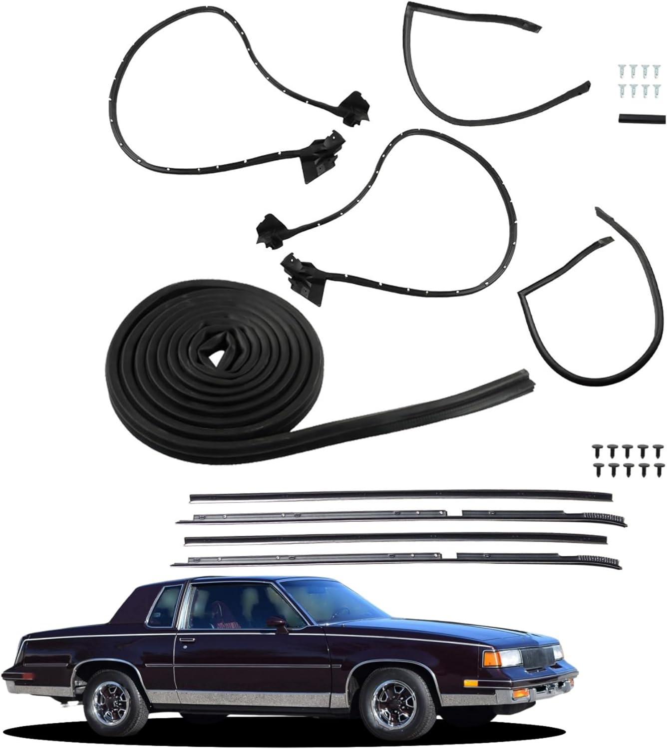 9PCS Black Weatherstripping Seal Kit with Sweep Felt Chrome Door Roof Rail Rubber Seals Replacement for Regal and Cutlass Supreme 2-Door 1981-1988 568979