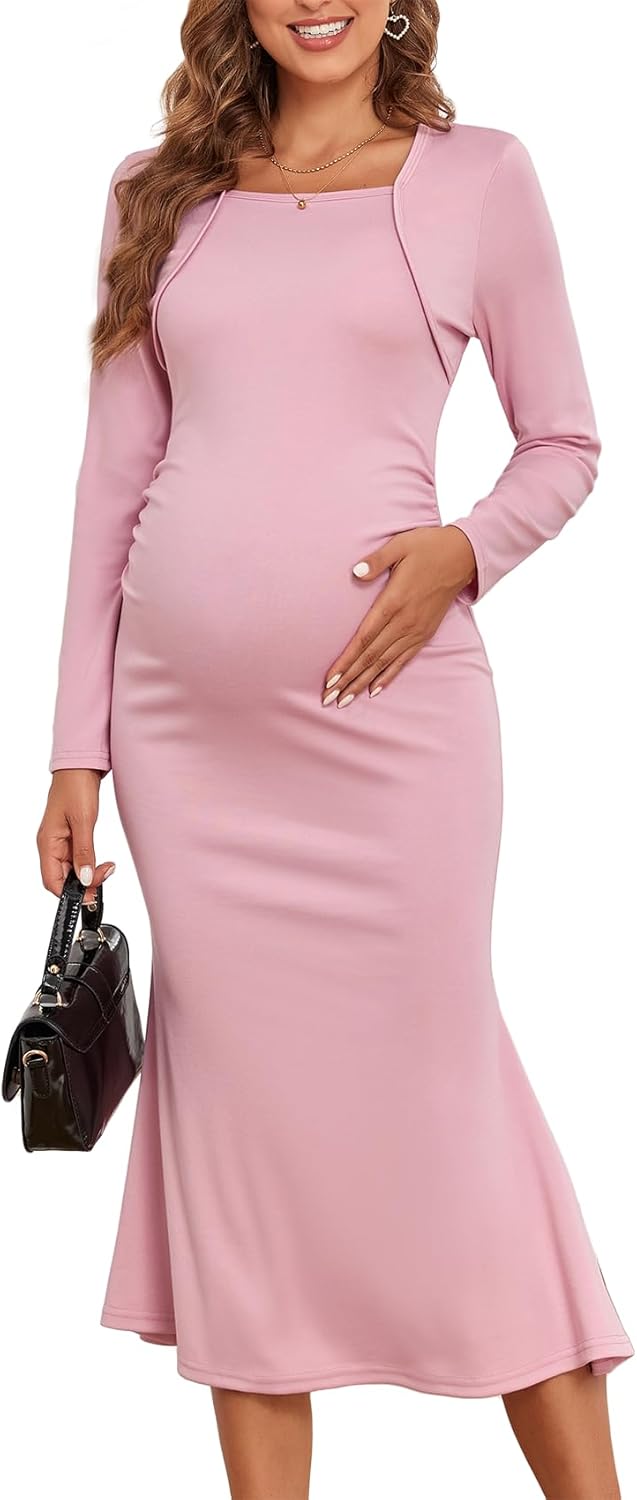 2025 Fall Maternity Dress Faux Two-Piece Long Sleeve Square Neck Mermaid Bodycon Pregnancy Dresses Casual Baby Shower Light Pink Small