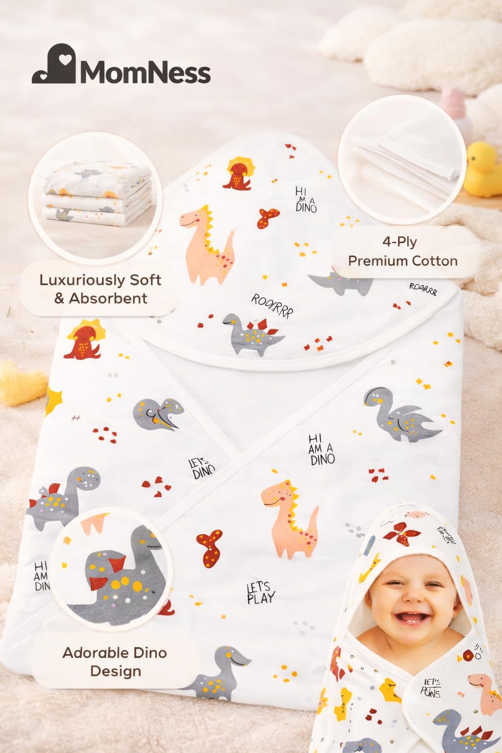 MomNess Baby Hooded Wrapper for Newborn, 100% Muslin Cotton Hooded Towel & Blanket, 75×75 cm, 4 Ply, Ultra Soft & Absorbent Bath Towel for Infants & Toddler, Natural Dyes, Pack of 1 (Dino) 2