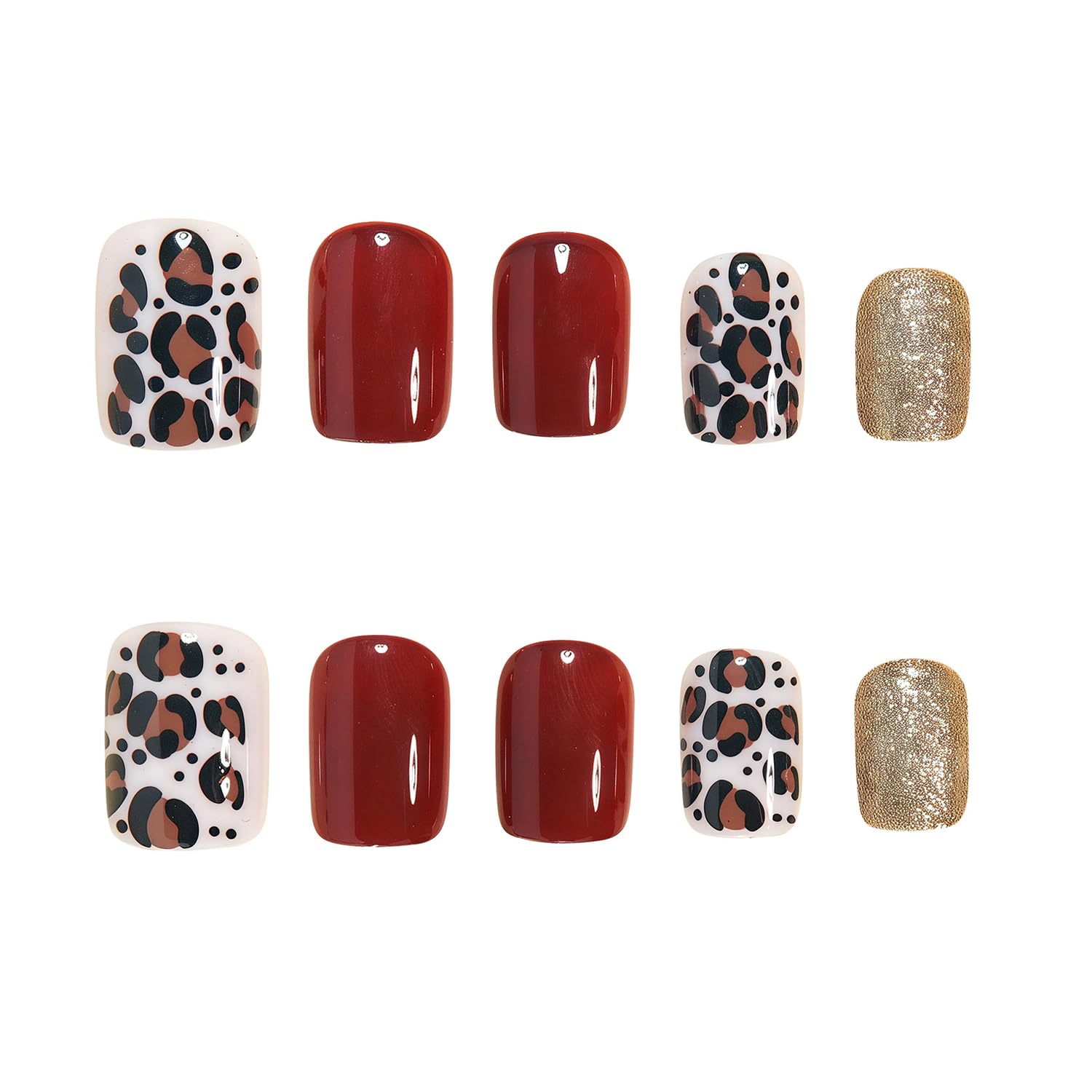 Wine Red Gradient Press On Nails With Gold Leaf And Heart Design_voghion.com