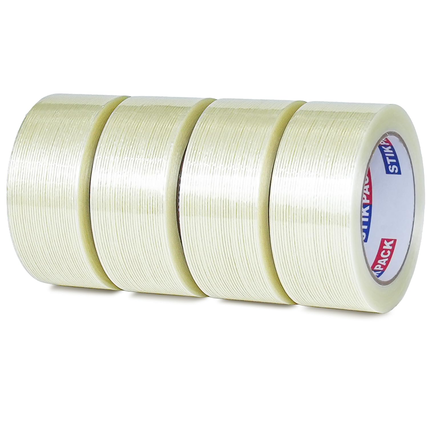 STIKPACK Mono Filament Strapping Tape 2 Inch x 30 Yard, 4 Pack Total 120 Yards, Strong Fiberglass Transparent Reinforced Tape for Heavy Duty Packing & Fixing, Binding