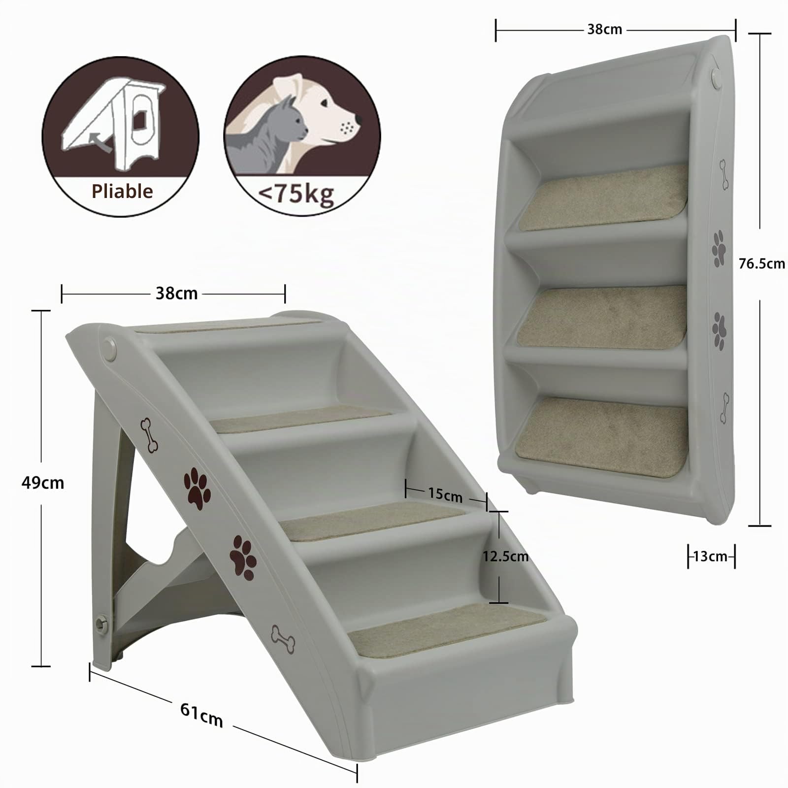 LZQ Escalier pour chiens et chats - Pliable - En plastique polypropylène - 50 cm de haut - Avec marches antidérapantes - Rampe canapé pour chiens et chats - Pour grimper et griffer - Gris