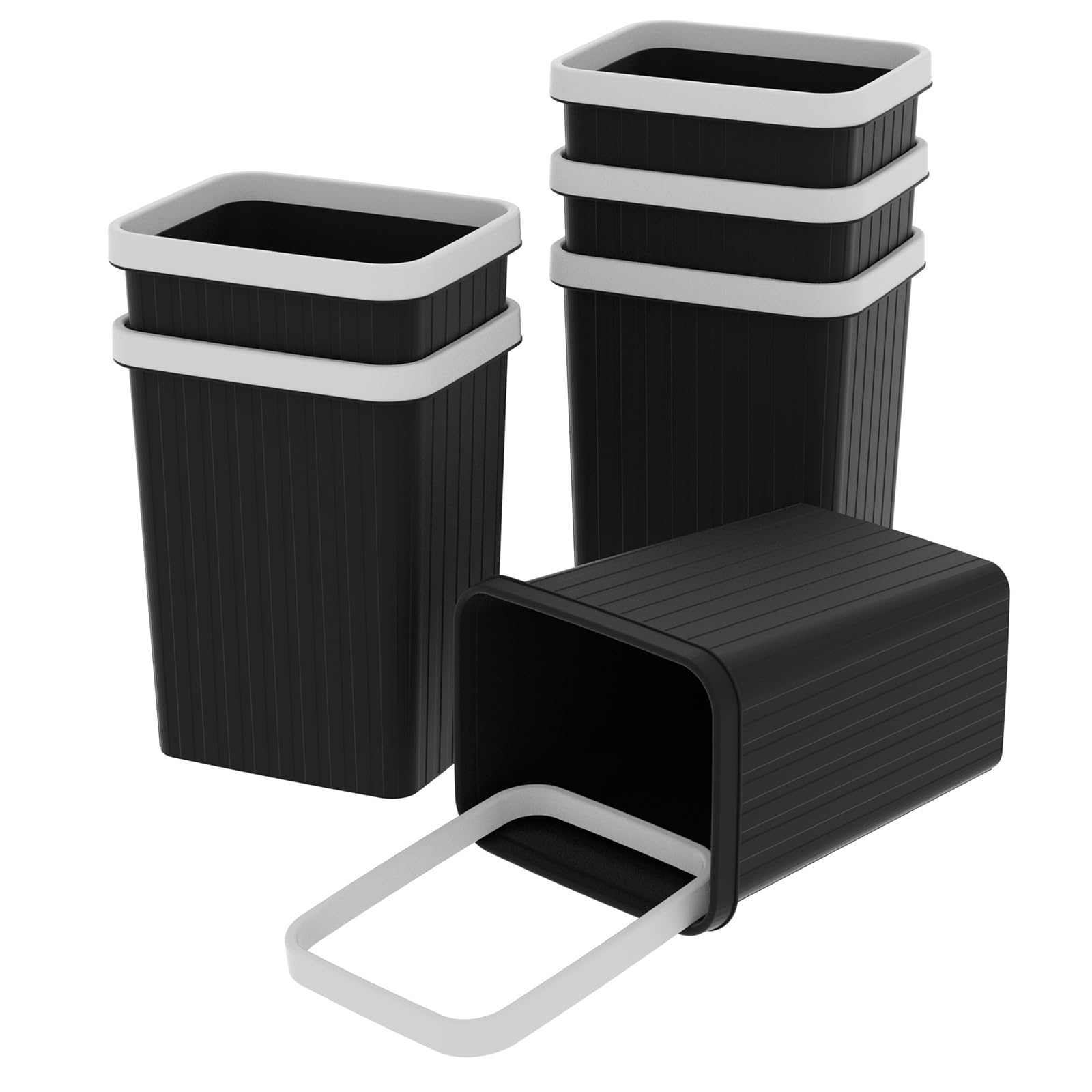 Cetomo 8.2L*6 Plastic Waste Paper Bin, Trash Can, Small Bins, Bedroom Bin, Square Waste Basket with Rim Lid and Solid Stripe for Kitchen Rooms, Nesting, Matte, Frosted, Minimalist, Black, 8.2L(6 Pack)