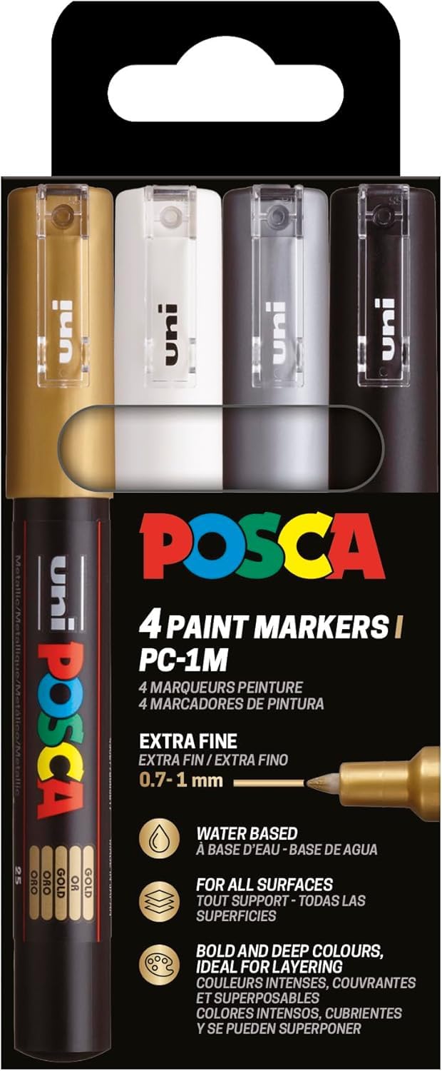 Posca 186744 Set of 4 PC-1MC Acrylic Pens Permanent Marker 0.7-1.0mm Round Tip