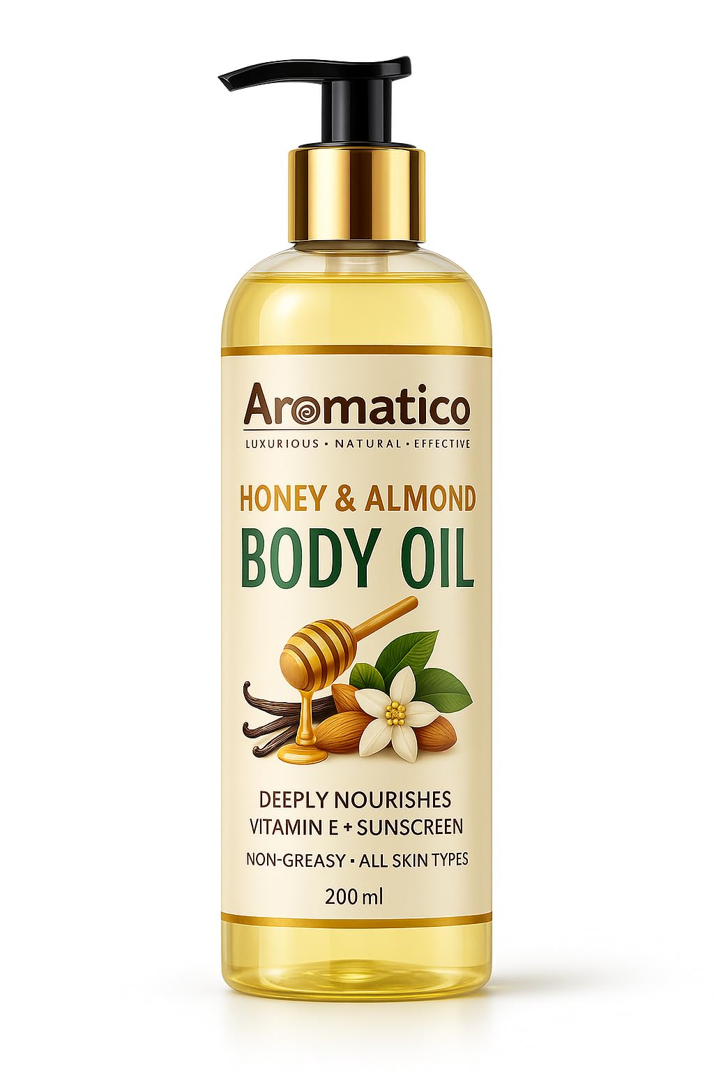 AROMATICO Honey & Almond Oil for Women – Moisturizing & Nourishing Body Oil, Non-Greasy Daily Use After Shower or Bath, Skin Hydration & Glow – 200ml.
