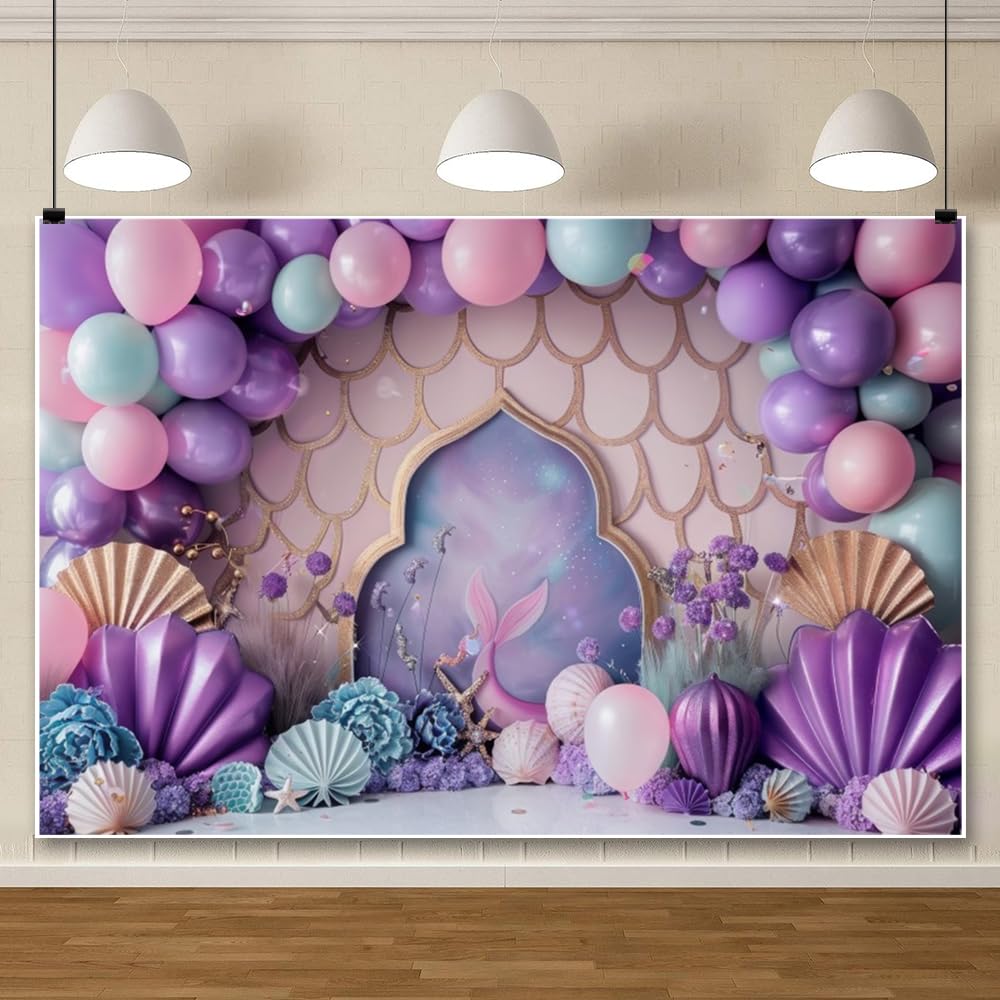 ChloropLastid 7x5ft Ocean Mermaid Backdrop Purple Balloons Sea Shell Starfish Princess Girls Birthday Party Decorations Girls Baby Shower Banner Cake