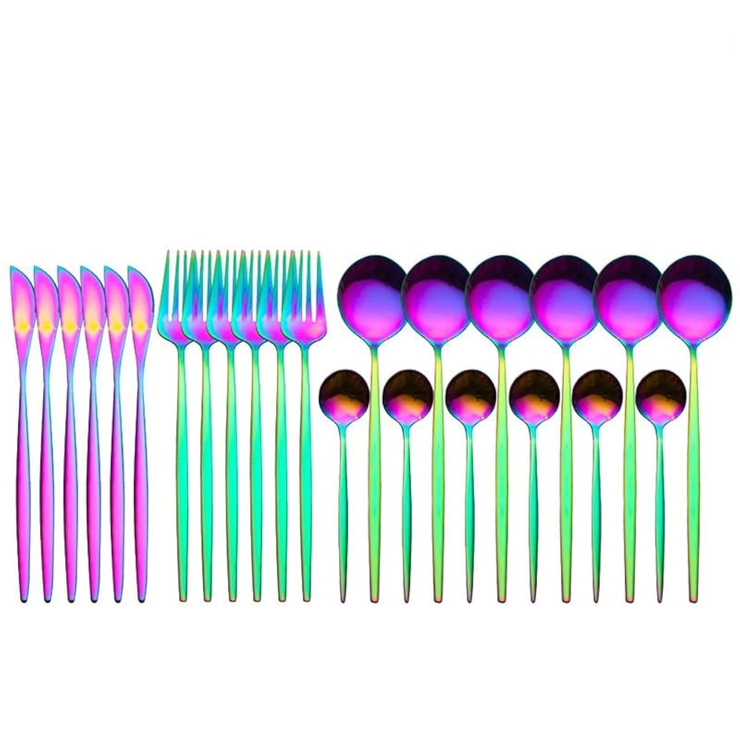 SICHER 24 Pieces Flatware Set, Stainless Steel Tableware Cutlery Set for 6 People, Mirror-Polished Stainless Steel Knife Fork and Spoon Sets for Home and Restaurant, Dishwasher Safe (Rainbow)