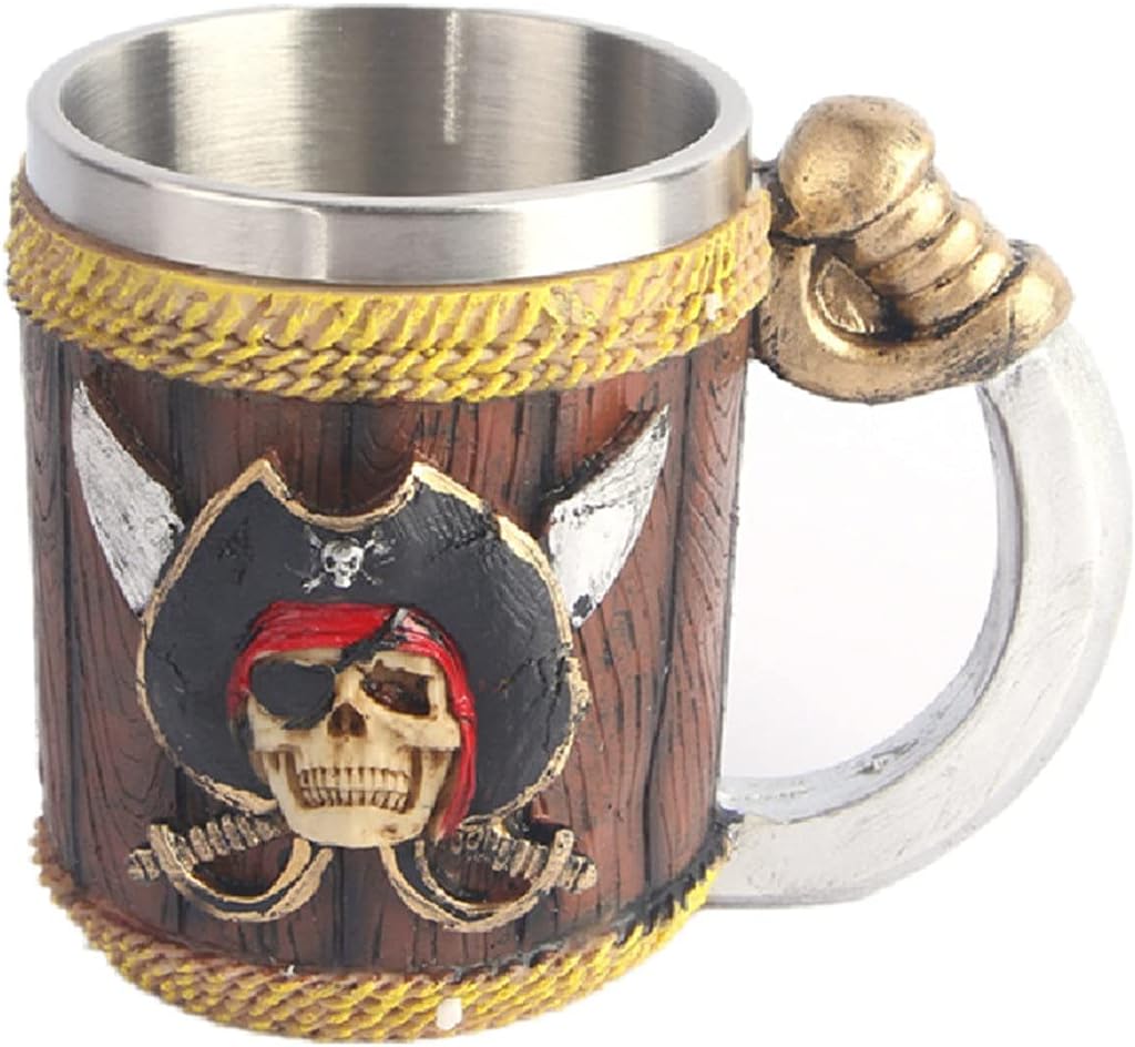 Novelty Bar Wine Glass Mug Creative Stainless Steel Beer Coffee Cup Wood Look Pirate Skull Drinking Tankard Gothic Coffee Cup Medieval Wine Glass (Color : Painted Size : 10x10.5cm)