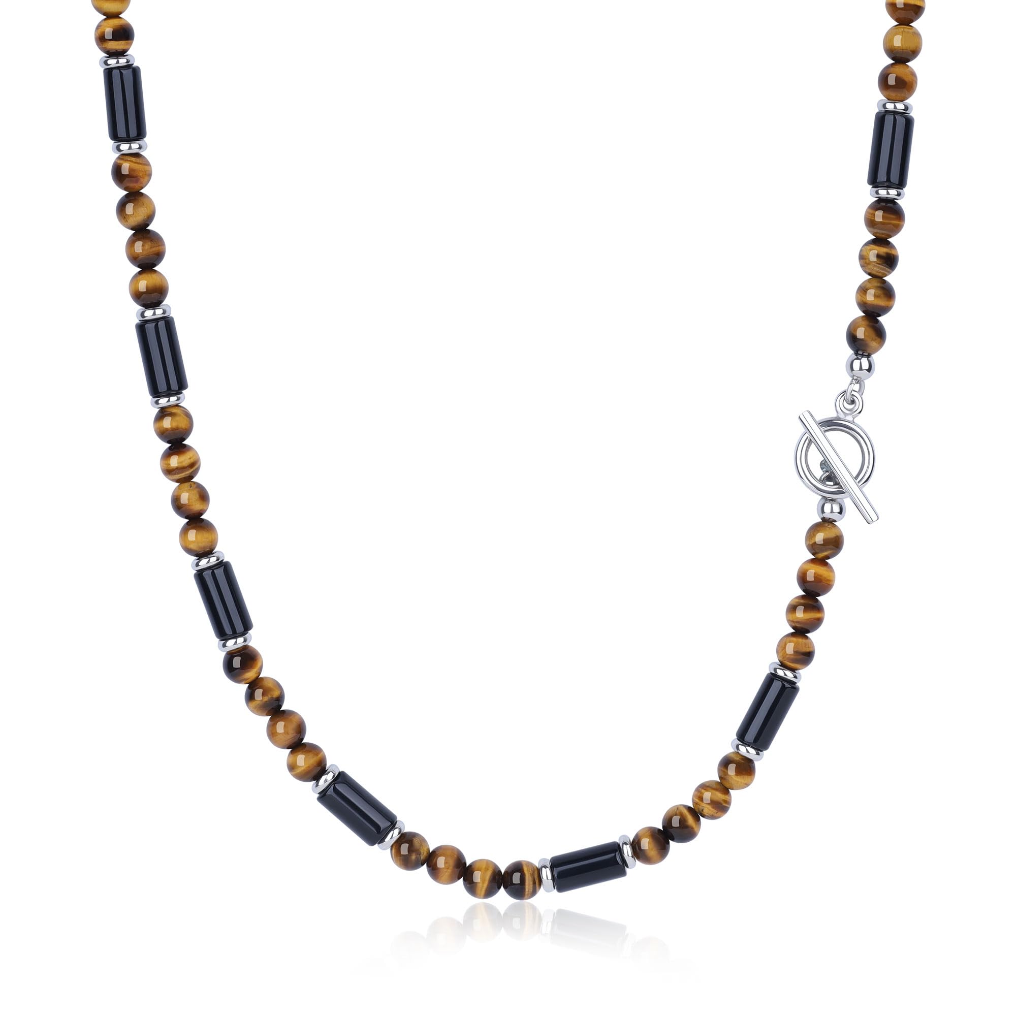 GAVU Men's Onyx & Tiger Eye Stone Beaded Necklace, 20"/22"/24" Stainless Steel OT Clasp