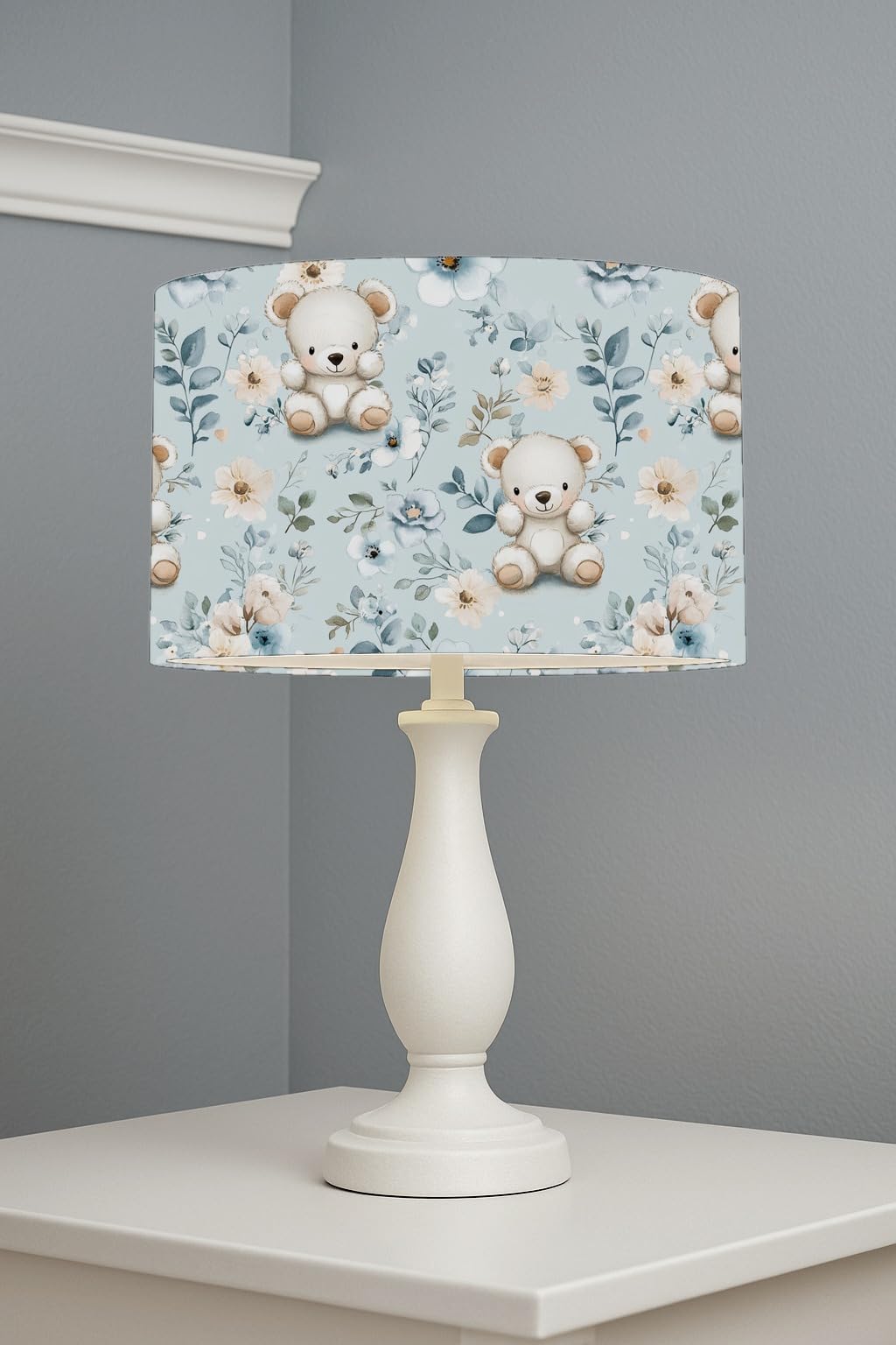Teddy Bear Blooms Blue II lightshade – 30 x 21cm Table Drum Shade | A194A6