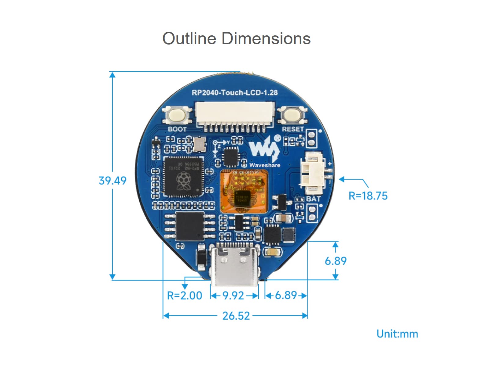 Écran Tactile Rond de 1.28 Pouce Basé sur Raspberry Pi RP2040 Puce de Microcontrôleur, Écran IPS 240x240 Pixels 65K Couleurs RGB, Connecteur Type-C Intégré, Capteur d'accéléromètre, etc.