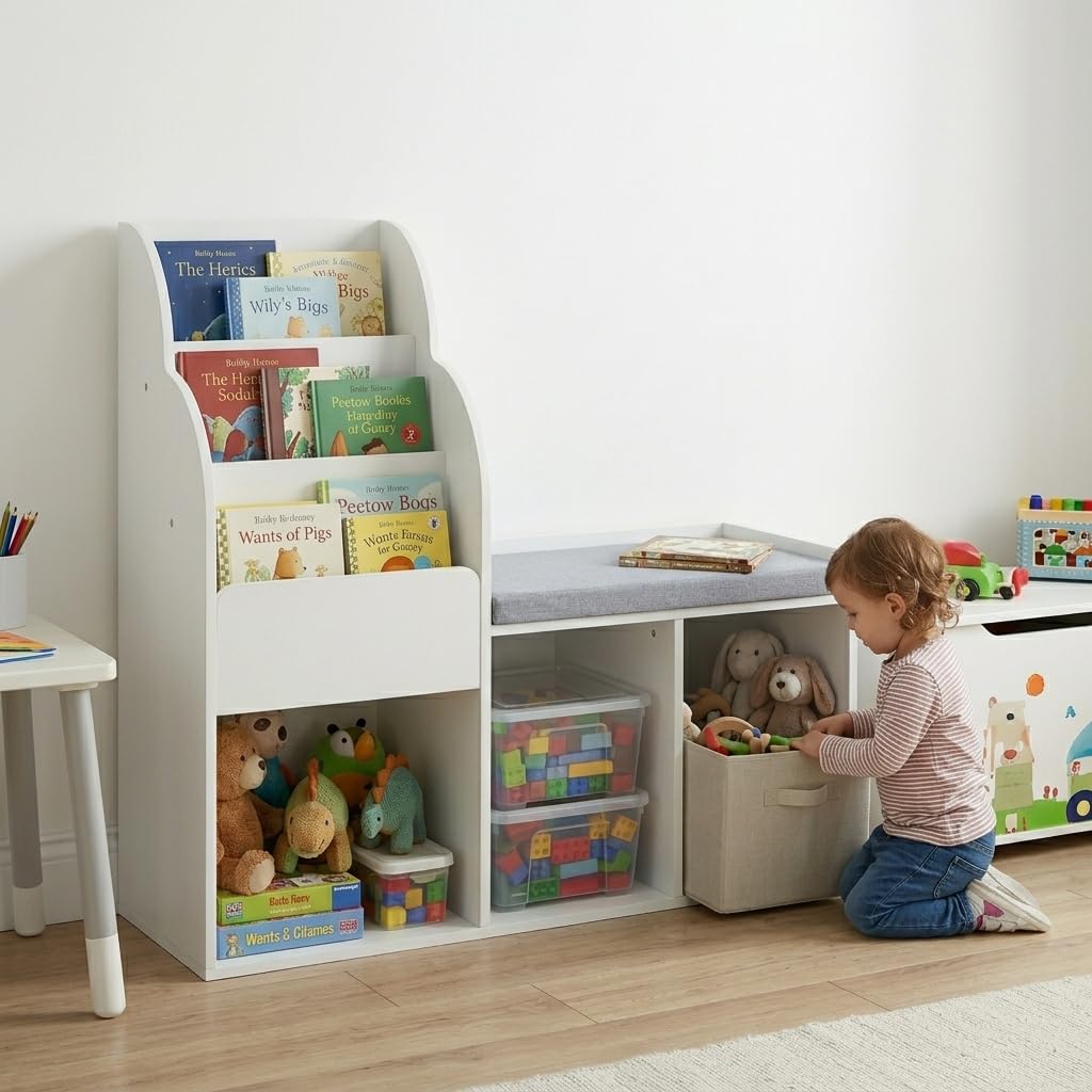 RELAX4LIFE Meuble de Rangement Enfant avec Banc de Lecture, Bibliothèque à 3 Niveaux et 6 Compartiments, Étagère à Livres avec Coussin Amovible pour Chambre d'enfant, Salon et Crèche