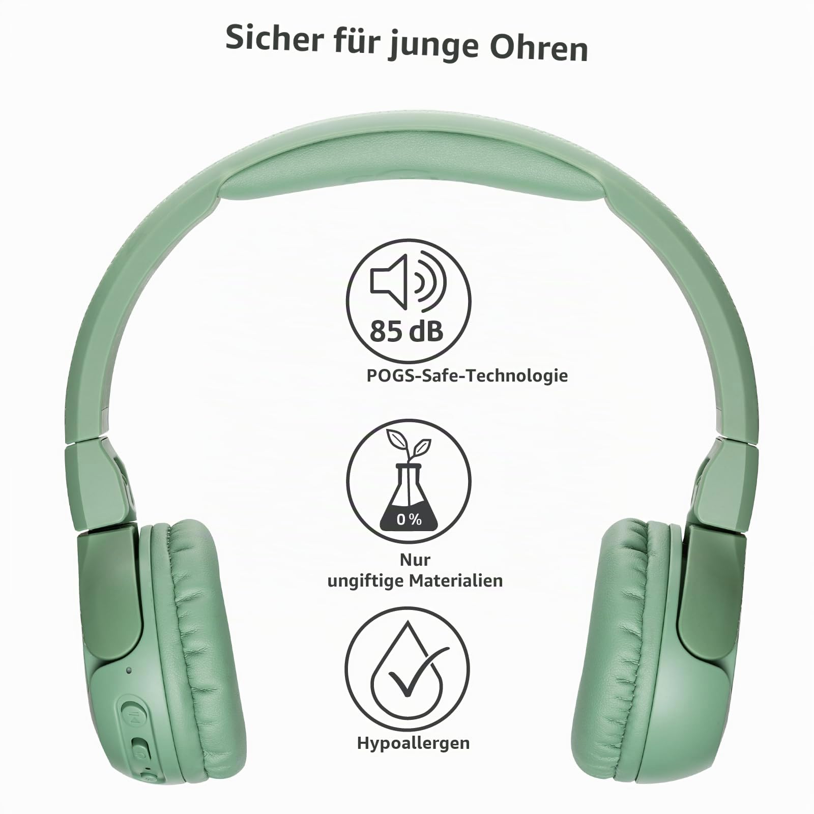 POGS Drahtloser Bluetooth Kinderkopfhörer | The Gecko 2 | Faltbarer robuster Kinderkopfhörer ab 3 Jahren | Lautstärkebegrenzung 70-85 dB | Mikrofon | On-Ear | Drahtlose Musik-Sharing-Funktion (rGrün)