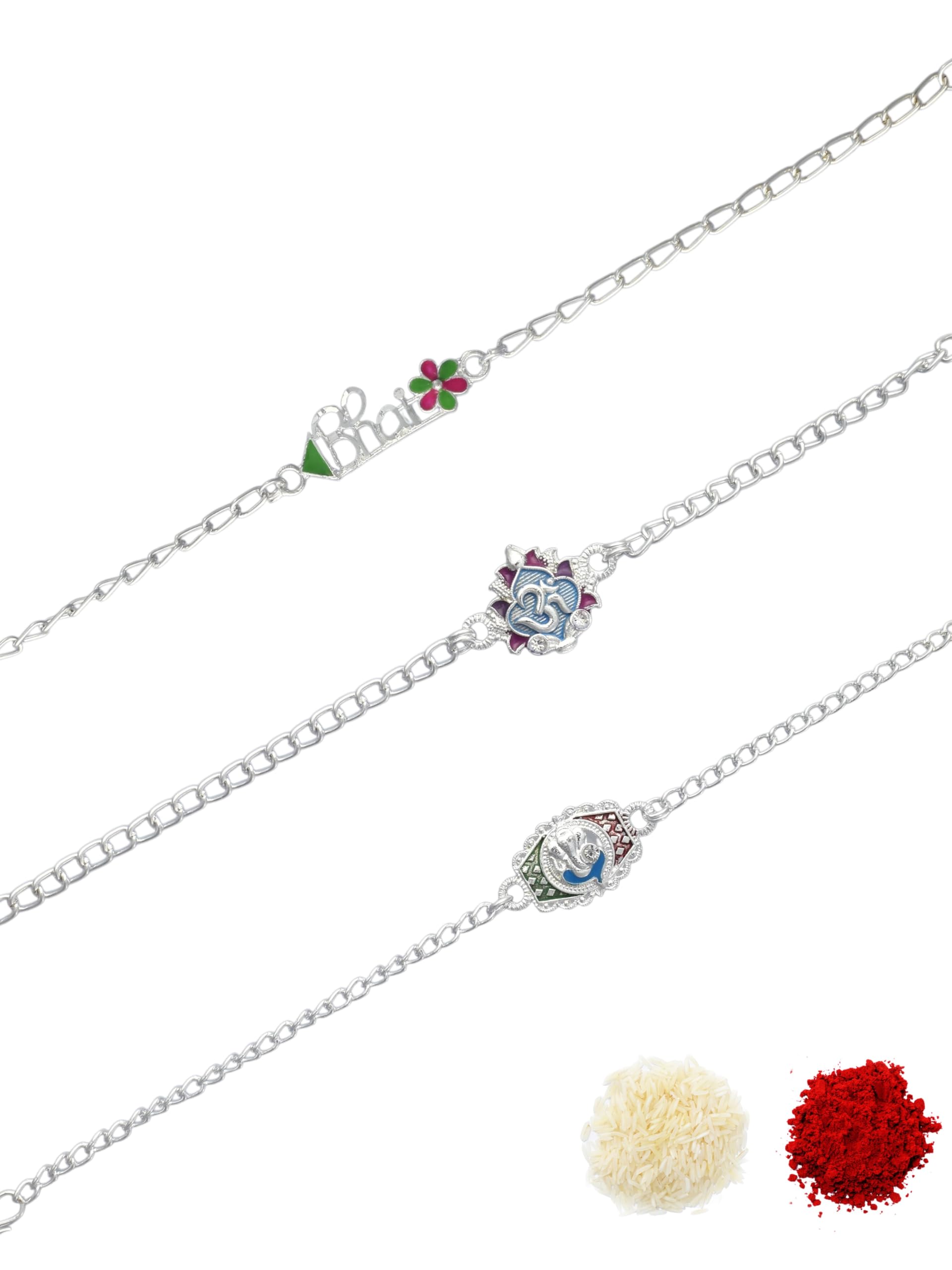 Premium Multi-coloured Minakari Finish Silver-Plated Combo of 3 Bracelet Type Chain Stylish Rakhi for Raksha Bandhan for Brother, Bhai, Bhaiya, with Roli Chawal and Greeting Card-44-image-38