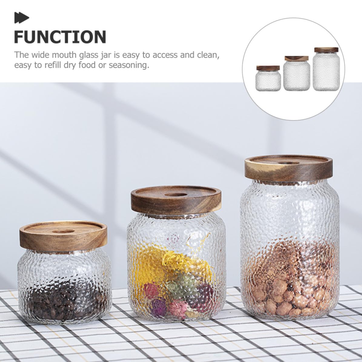Tarros Herméticos Capacidad 350ml, 500ml y 700ml Juego de 3 de Vidrio con Tapa de Madera de Acacia Recipientes Multipropósito para Almacenamiento de Café y Té