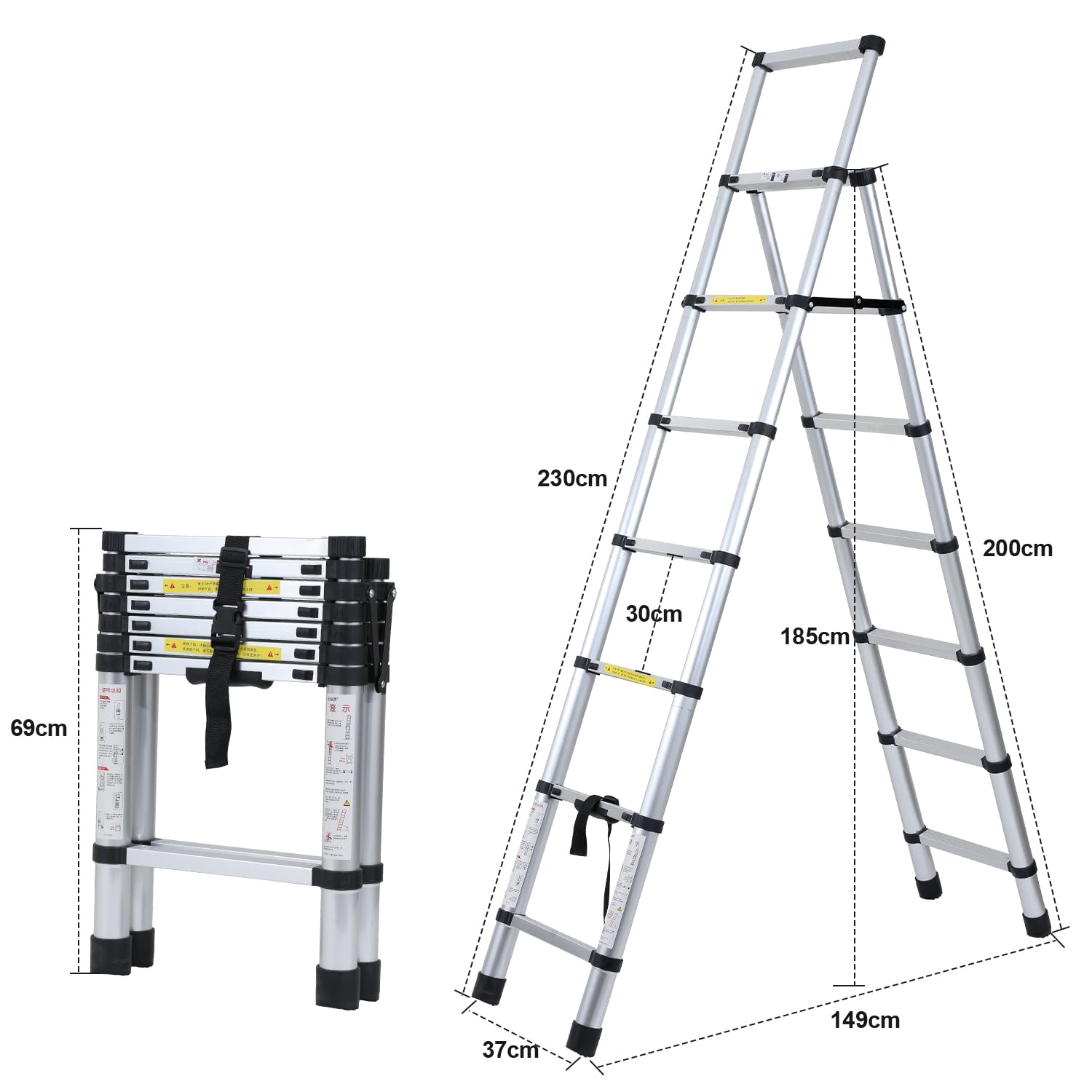 2,0m + 2,3m Klappleiter Teleskop Klappbar Teleskopleiter Aluminiumleiter Ausziehleiter Teleskopleiter Schiebeleiter Stehleiter Leiter Stabilität Maximale Tragkraft von 150kg Gerüstleiter