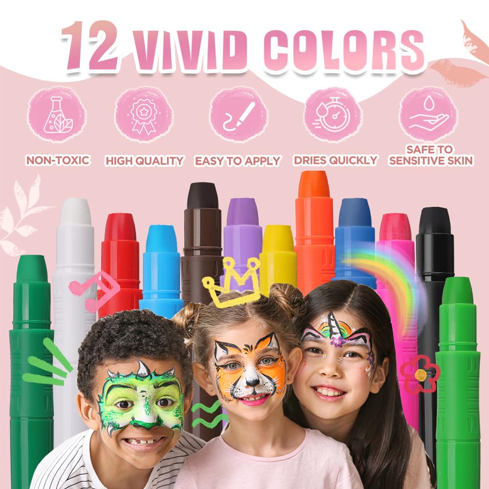 Set Truccabimbi, 12 Colori per Body Painting, Sicuro per Pelli Sensibili e Gravidanza, Ideale per Carnevale, Halloween, Natale, Cosplay, Trucco Lavabile, Regalo per Bambini