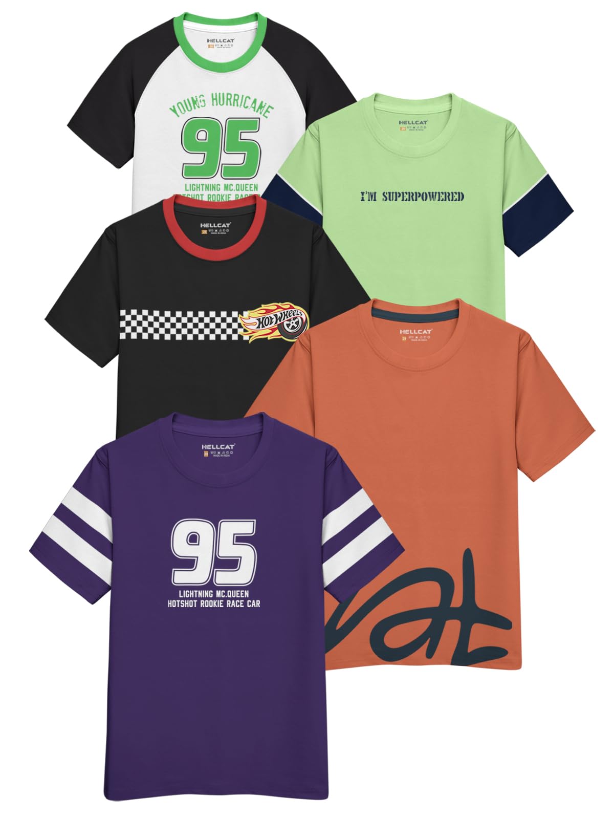 HELLCAT Trendy Cotton Blend Tshirts for Boys - Pack of 5 | Kids Graphic Tees for Boys 3-16 Years | Stylish & Comfortable Tshirts