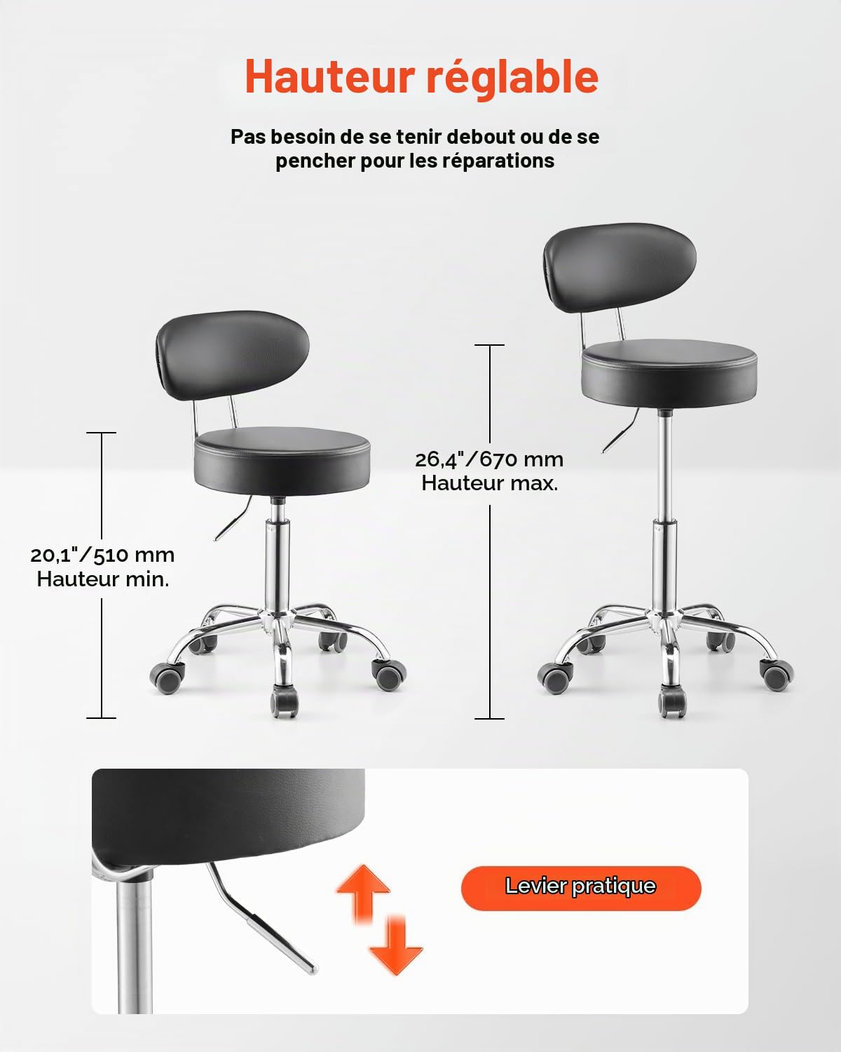 VEVOR Tabouret d'Atelier avec Dossier, Tabouret de Mécanicien sur roulettes Réglable, Capacité de Charge Maximale de 136 kg, Siège Pivotant à 360°, pour Entretien Réparation Automobile Garage, Noir