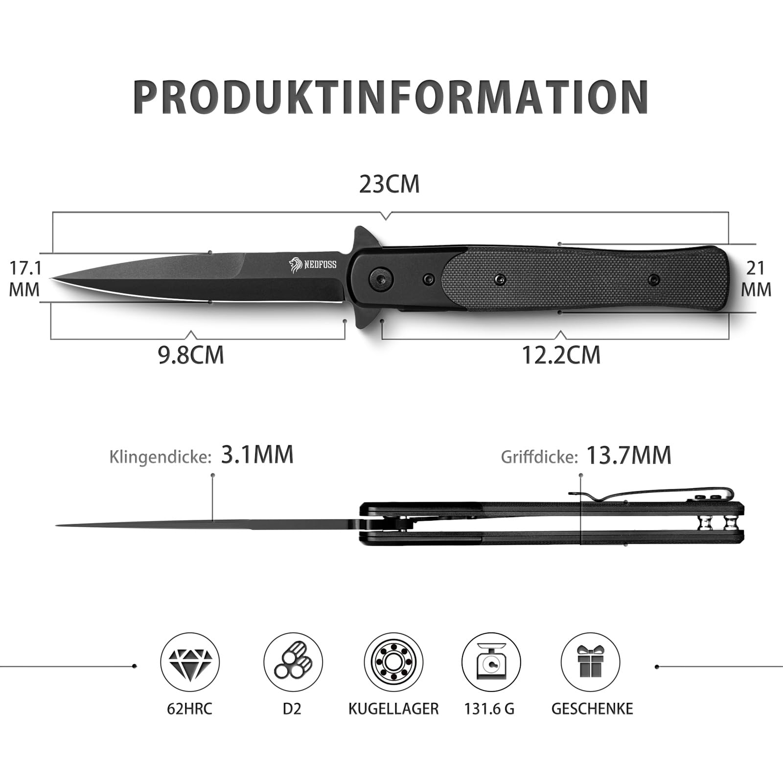 NedFoss MERMAID couteau pliant, Manche en G10, acier d2, clip ceinture couteau, couteau survie, couteau de poche, Convient à l'usage quotidien
