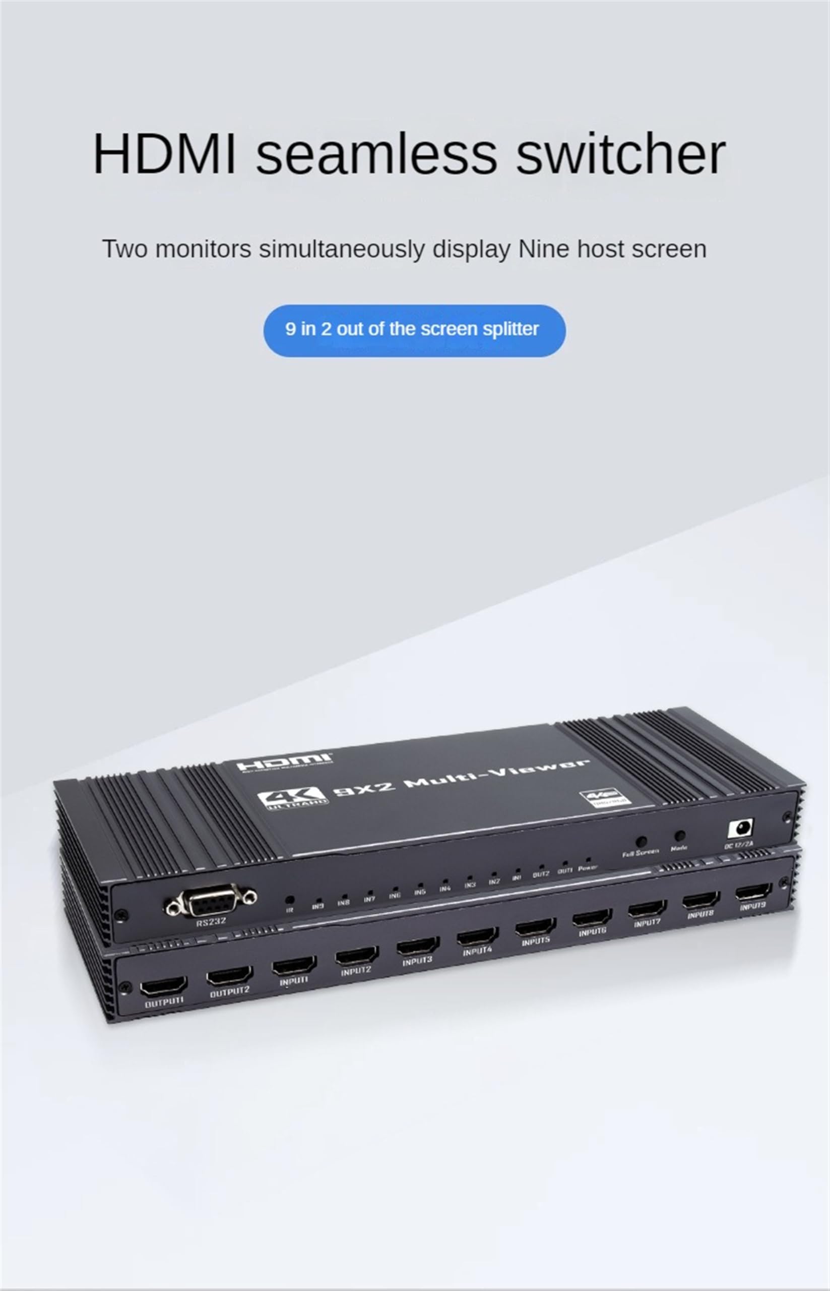 Interruttore multiviewer HDMI 9x2, multiviewer compatibile senza interruzioni, multiviewer in tempo reale 4K30Hz HDMI a 9 schermi, splitter schermo, adattatore di commutazione 9 ingressi 2 uscite