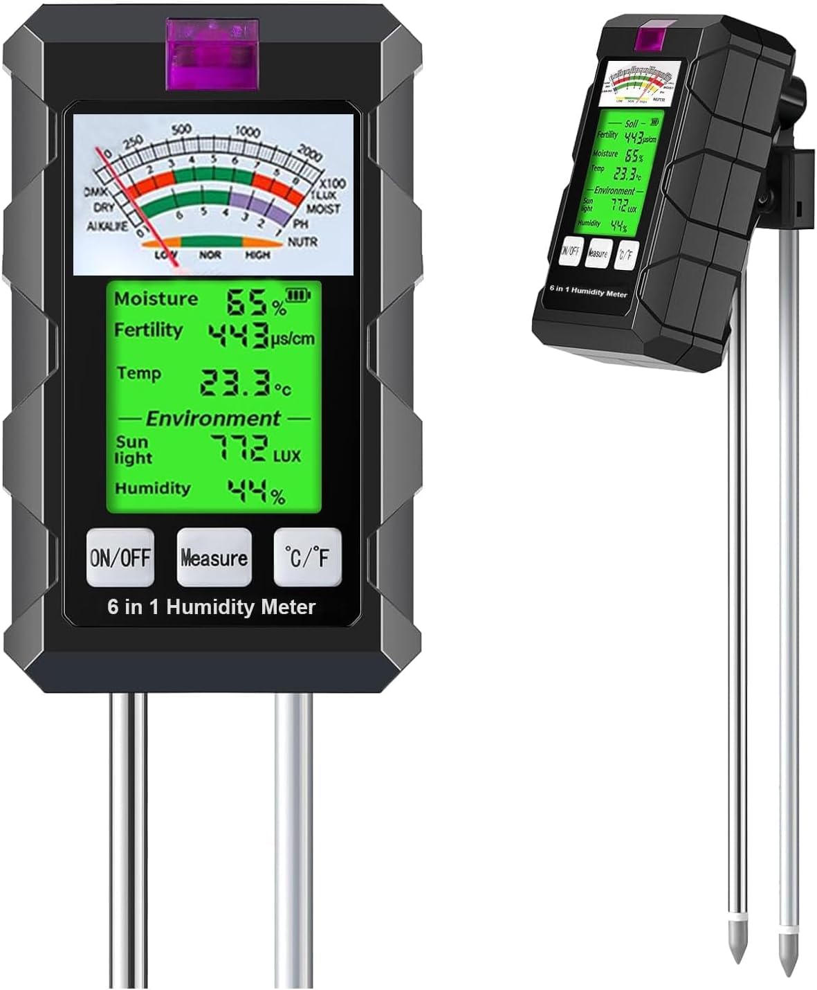 SenZjx Bodenmessgerät 6-in-1 Bodentest Messgerät - Multifunktionaler Bodentester für Fruchtbarkeit, Temperatur, Licht, pH-Wert, Bodenfeuchtigkeit und Umgebungsfeuchtigkeit (Weiß)