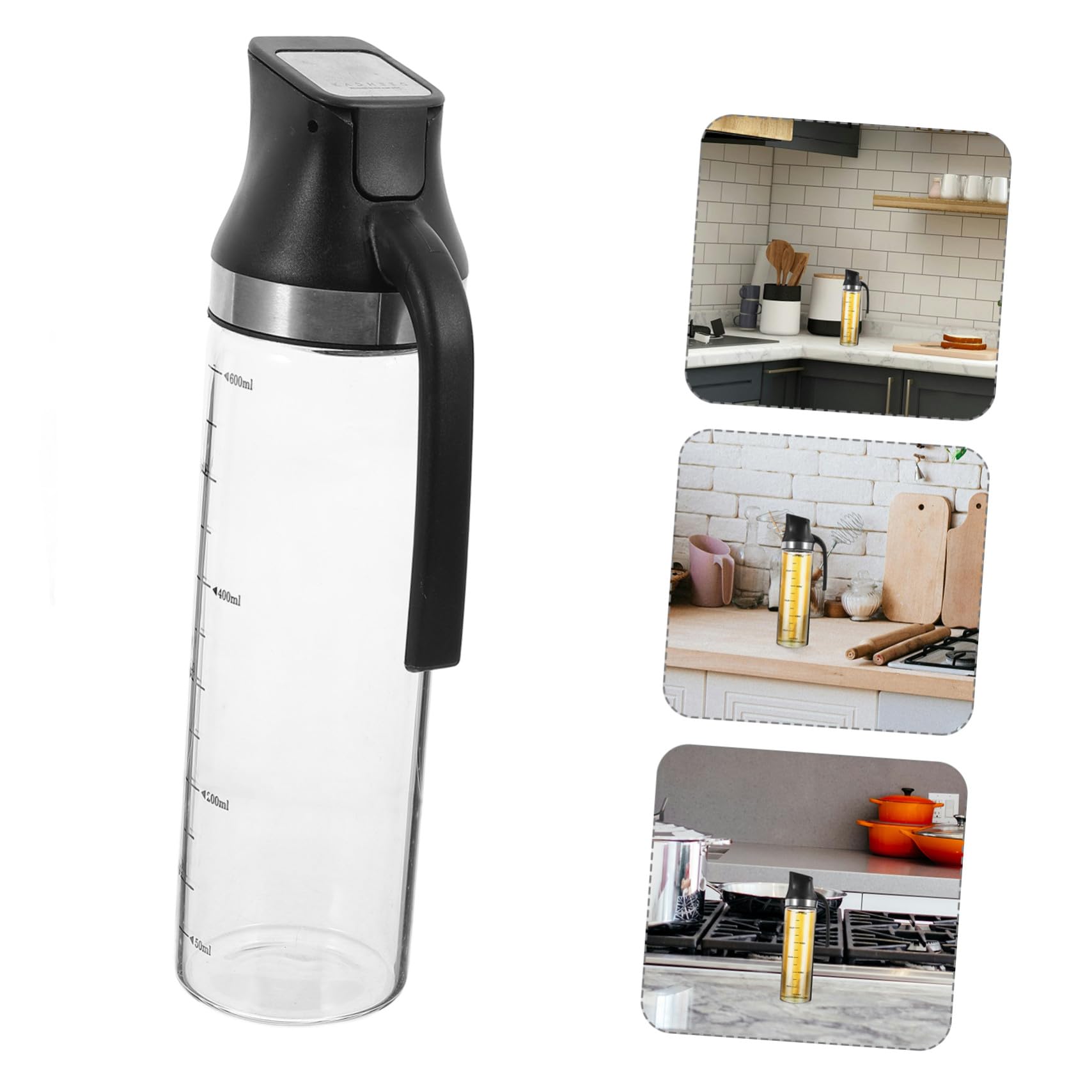 Aceitera de Vidrio Negra con Escala, Asa Ergonómica y Uso Cocina | Acero Inoxidable y Pp, Formato Portátil, Recipiente para Aceite y Vinagre, Bote para Salsa