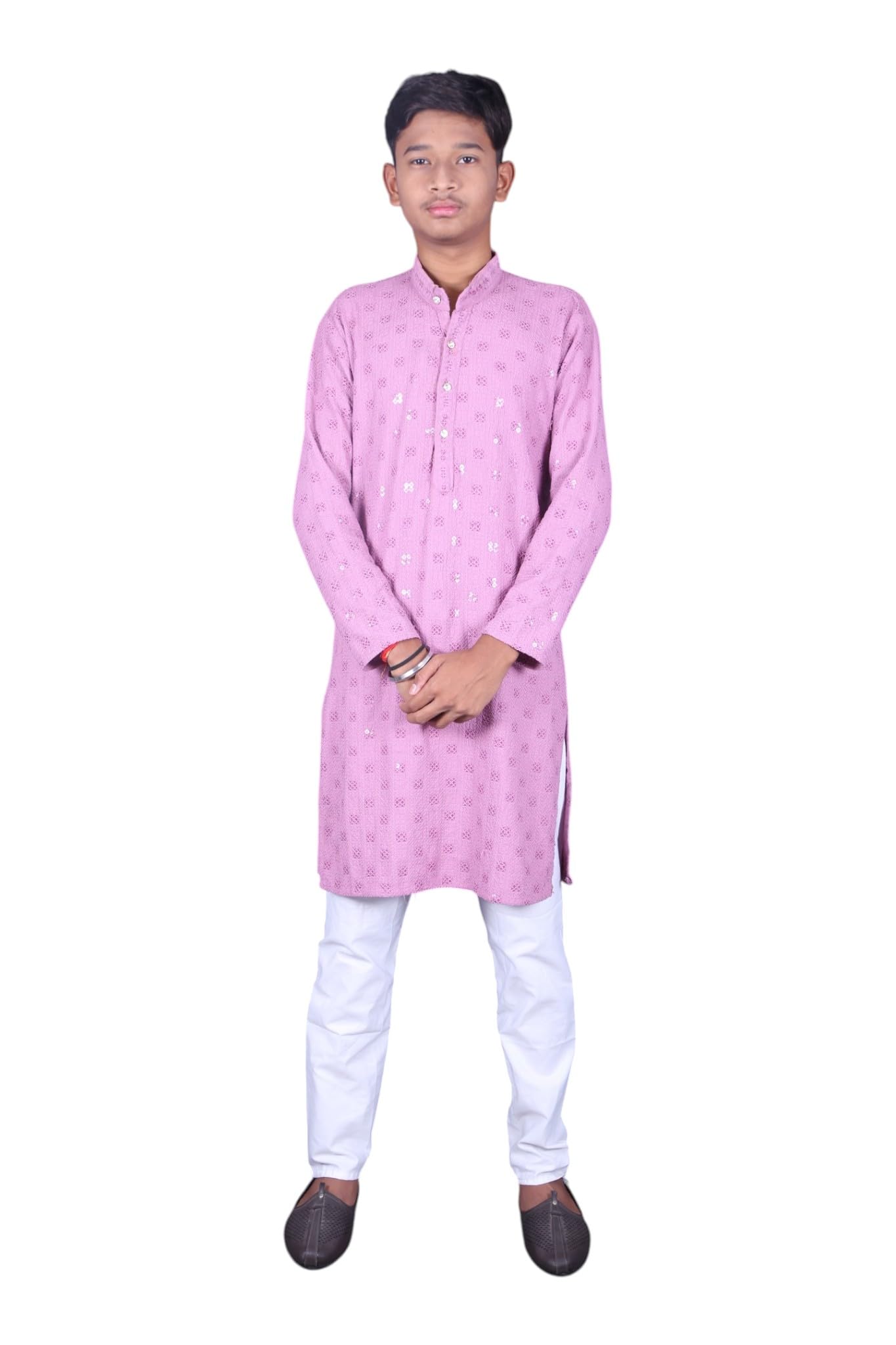 Man's Pink Button-up Shirt with Patterned Pants-image-33
