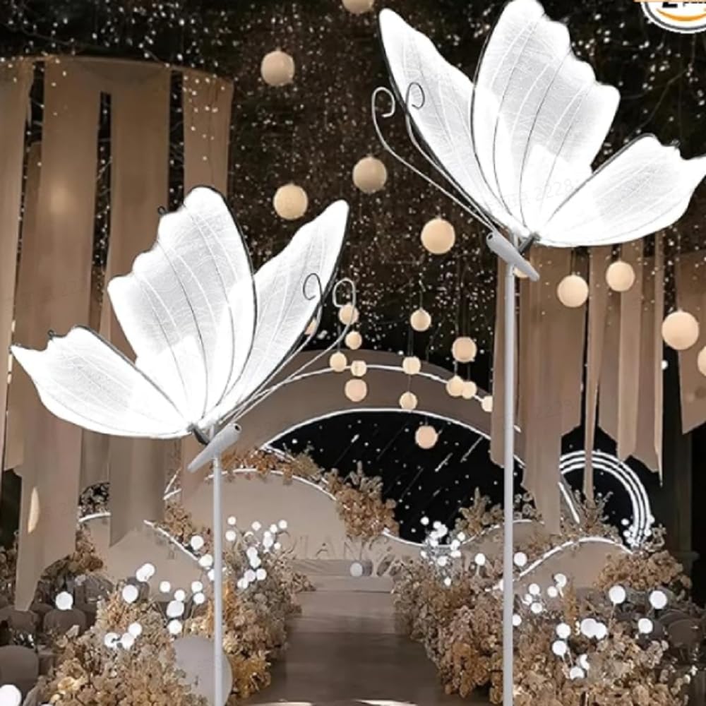CNCEST 2PCS 23.6" Wedding Butterfly LED Floor Lamp,48W 110V Creative Butterfly Ceiling Lamp 57.5-70.1" Adjustable Height Butterfly Hanging Decoration Props for Wedding Party (Silver,White Light)