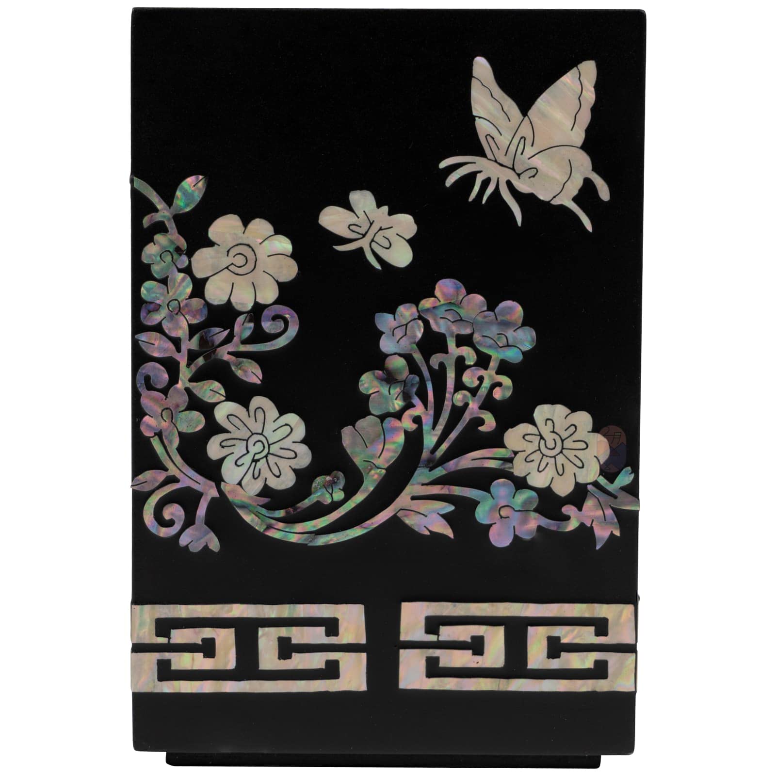 February Mountain Handcrafted Korean Mother-of-Pearl Pen Holder - Elegant Black Lacquered Desk Organizer (Butterfly)