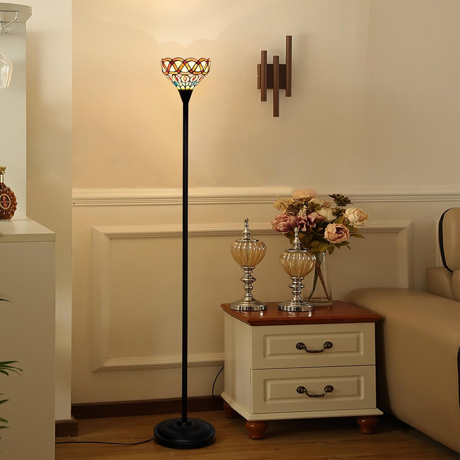 Tiffany Floor Lamp Torchiere Antique Stained Glass Lamp Yellow Peacock Tail Style Standing Light Tall Uplight Lamp for Home Decorating Reading Working