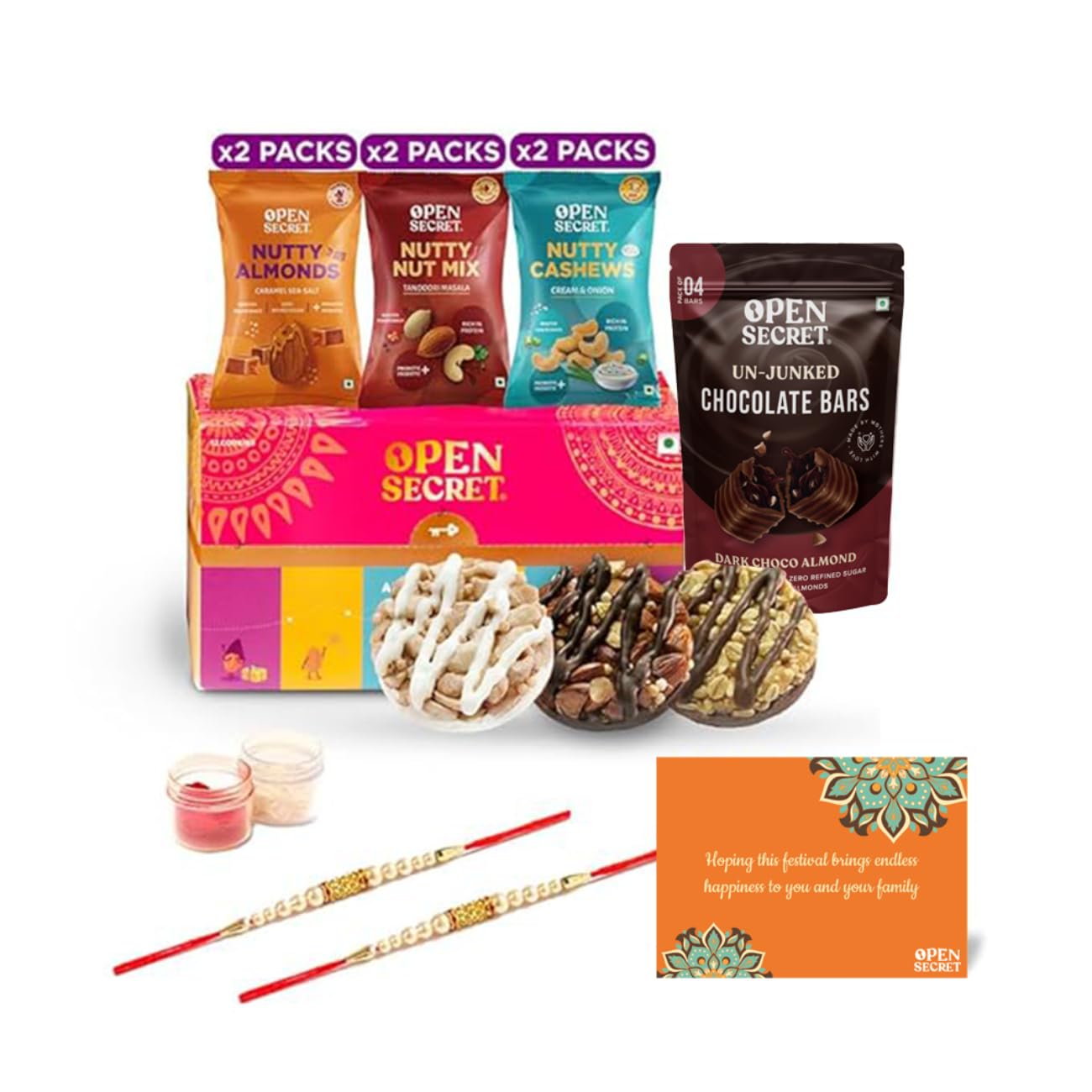 Open Secret Bhai Dooj Gift Set for Brother | Combo of 11 | Bhai Dooj Tikka for Brother, Cookies, Chocolate Bar & Dry Fruit Gift Box, Bhai Dooj Gift for Sister with Thread, Festive Card & Roli Chawal (B098XTS6RK) Amazon Price History, Amazon Price Tracker