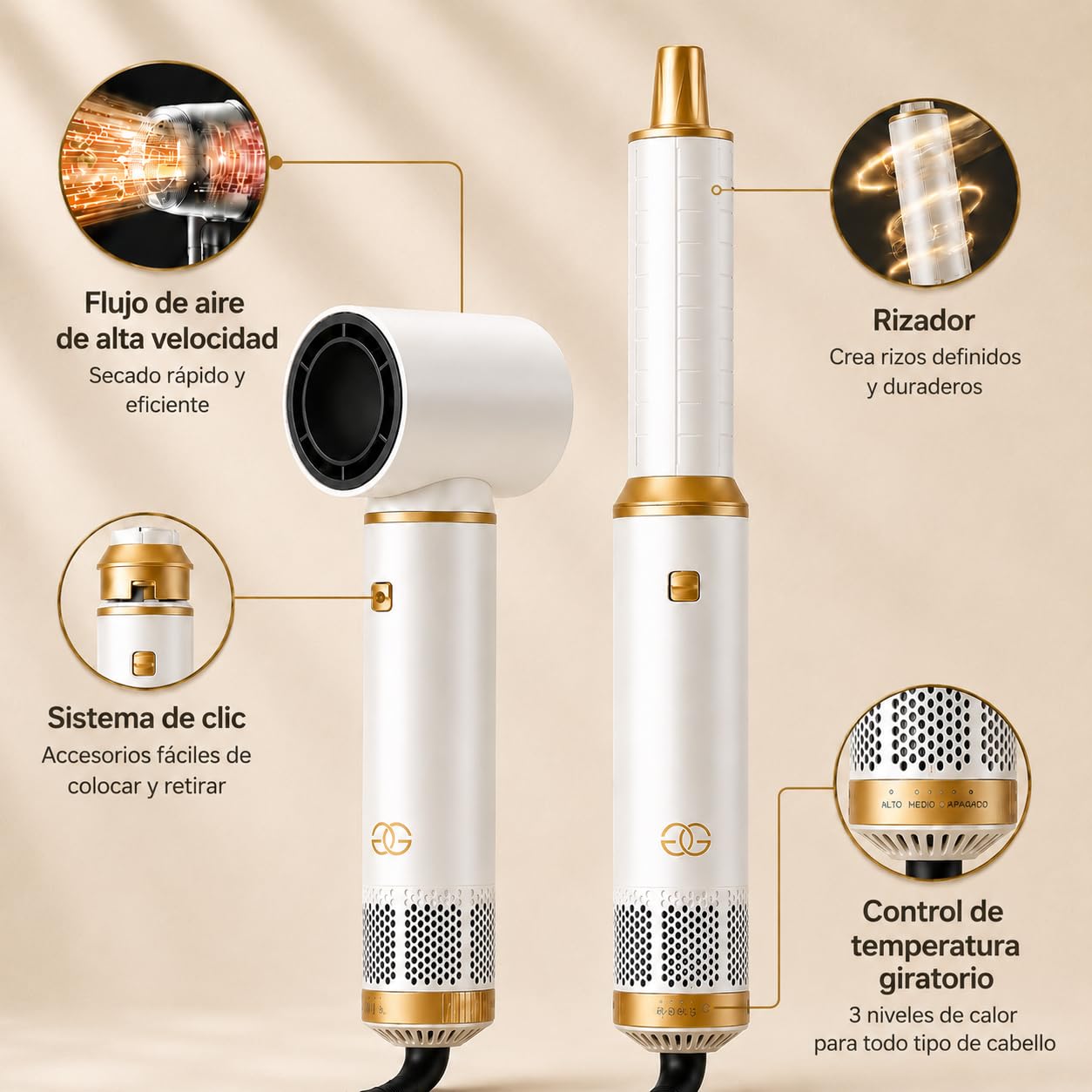 Cepillo secador de pelo 5 en 1 Golden Goods Multistyler, secador Airstyler con 5 accesorios cepillo de peinado caliente, secador ionico, Para alisar, rizar y secar, White/Gold Edition