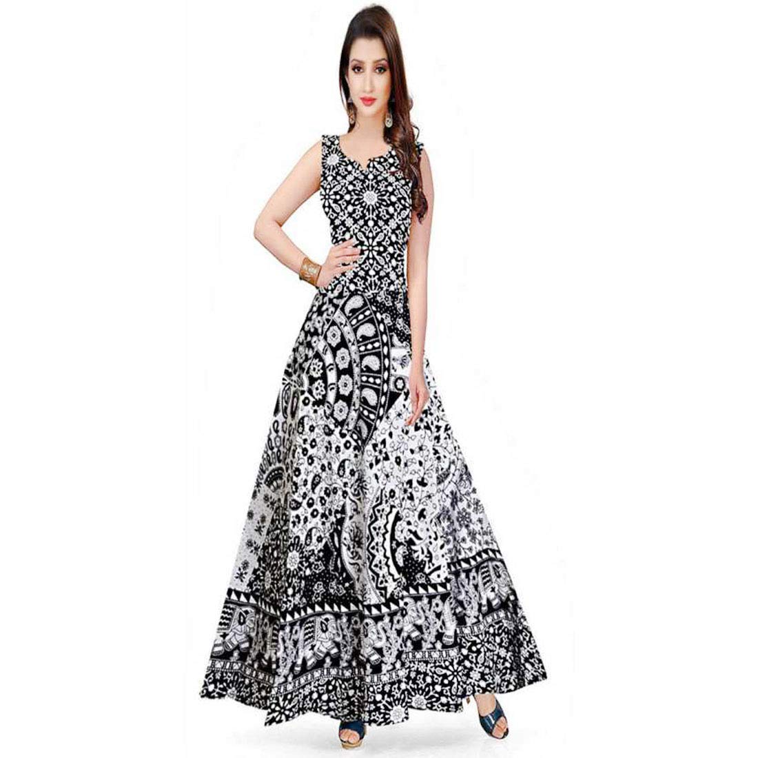 Disha IndustriesCotton Women's Maxi Long Gown Jaipur Printed (Free Size Upto 44-XXL), Multicolor Disha-2123