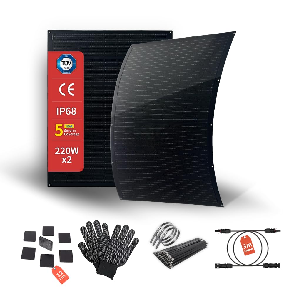 SAT-220-F8MP 400 W Set di Pannelli Solari Flessibili, 2 x 220 W | Moduli monocristallini da 16,5 V, nero opaco, 2,8 kg per pannello, protezione IP68, accessori di montaggio e cavo CC inclusi