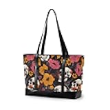 KLL Flower Skull trendy bag with laptop with zipper bag 14 inch Large Handbag for Travel Essentials Beach Gifts Birthday Gifts for Women with diaper maletines para mujer