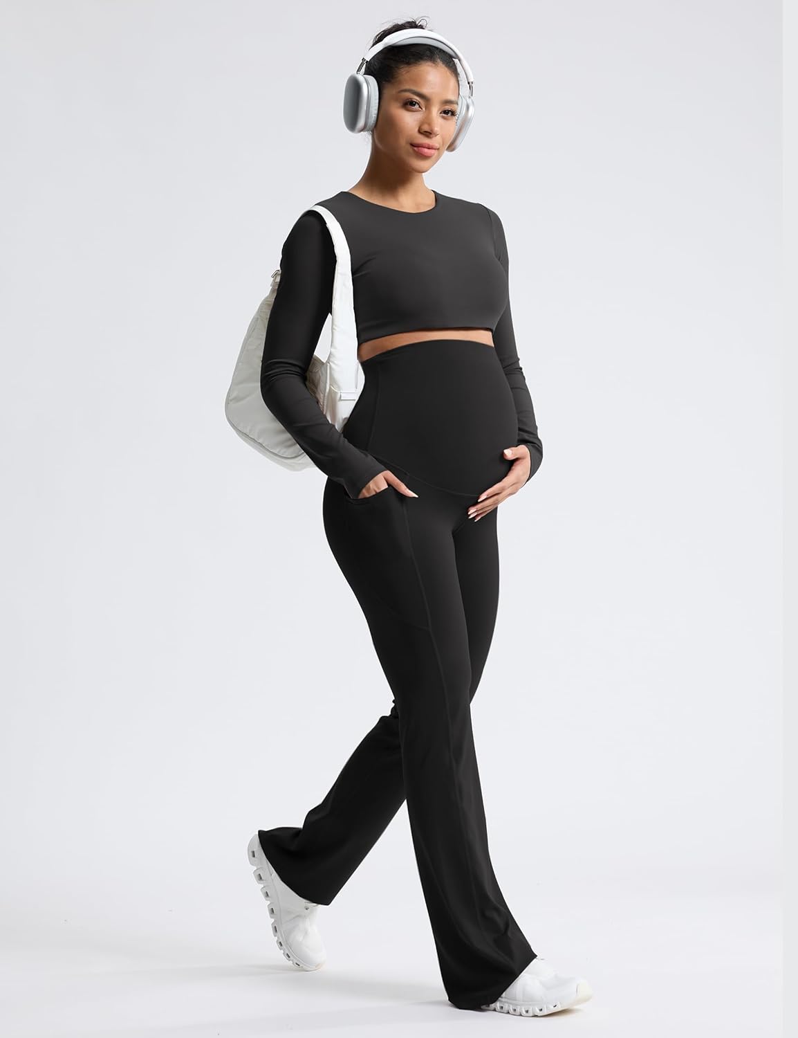Mama Land Maternity Pants Over The Belly Black Maternity Pants with Pockets Flared Leggings for Yoga Casual Sweatpants Pregnancy Clothes Workout Activewear Winter Clothes (34" Black L) - Image 2