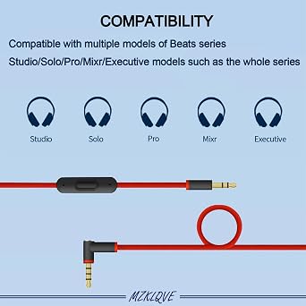 Audio Cable Cord Wire with in-Line Mic & Control - Replacement for Beats Series Studio Solo Pro Detox Mixr Executive Pill (Black Red)