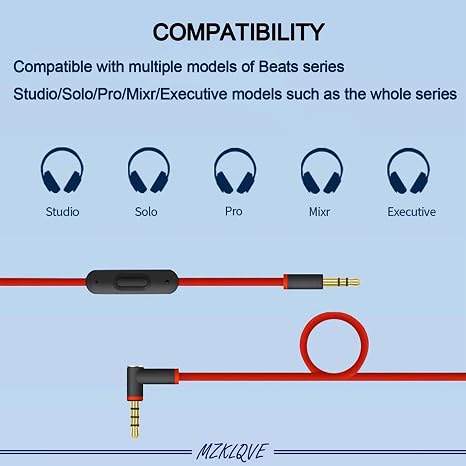 Audio Cable Cord Wire with in-Line Mic & Control - Replacement for Beats Series Studio Solo Pro Detox Mixr Executive Pill (Black Red)