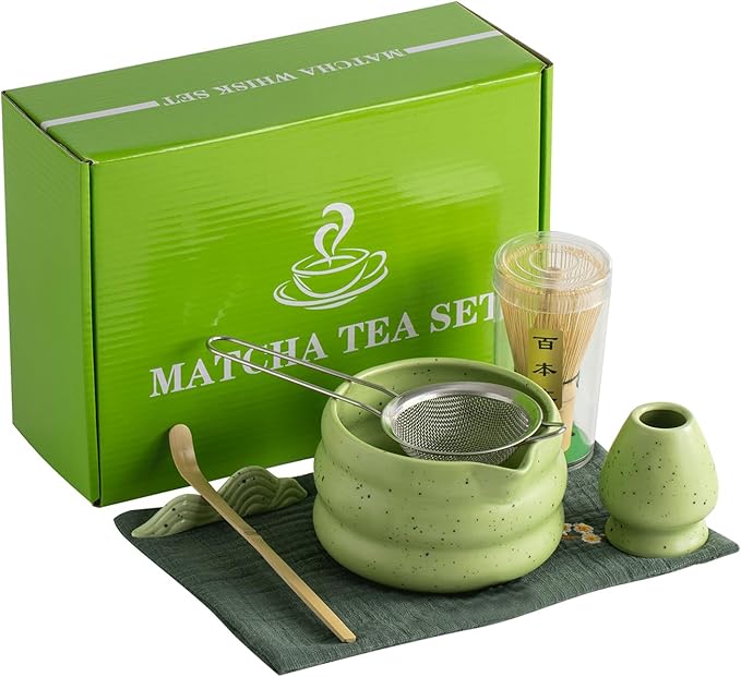 7Pcs Japanese Matcha Tea Set, Matcha Kit with Matcha Bowl (with Pouring Spout), Matcha Whisk, Whisk Holder, Strainer - Elegant Matcha Set for Gifting and Personal Use, Gift Box Packaging (white)