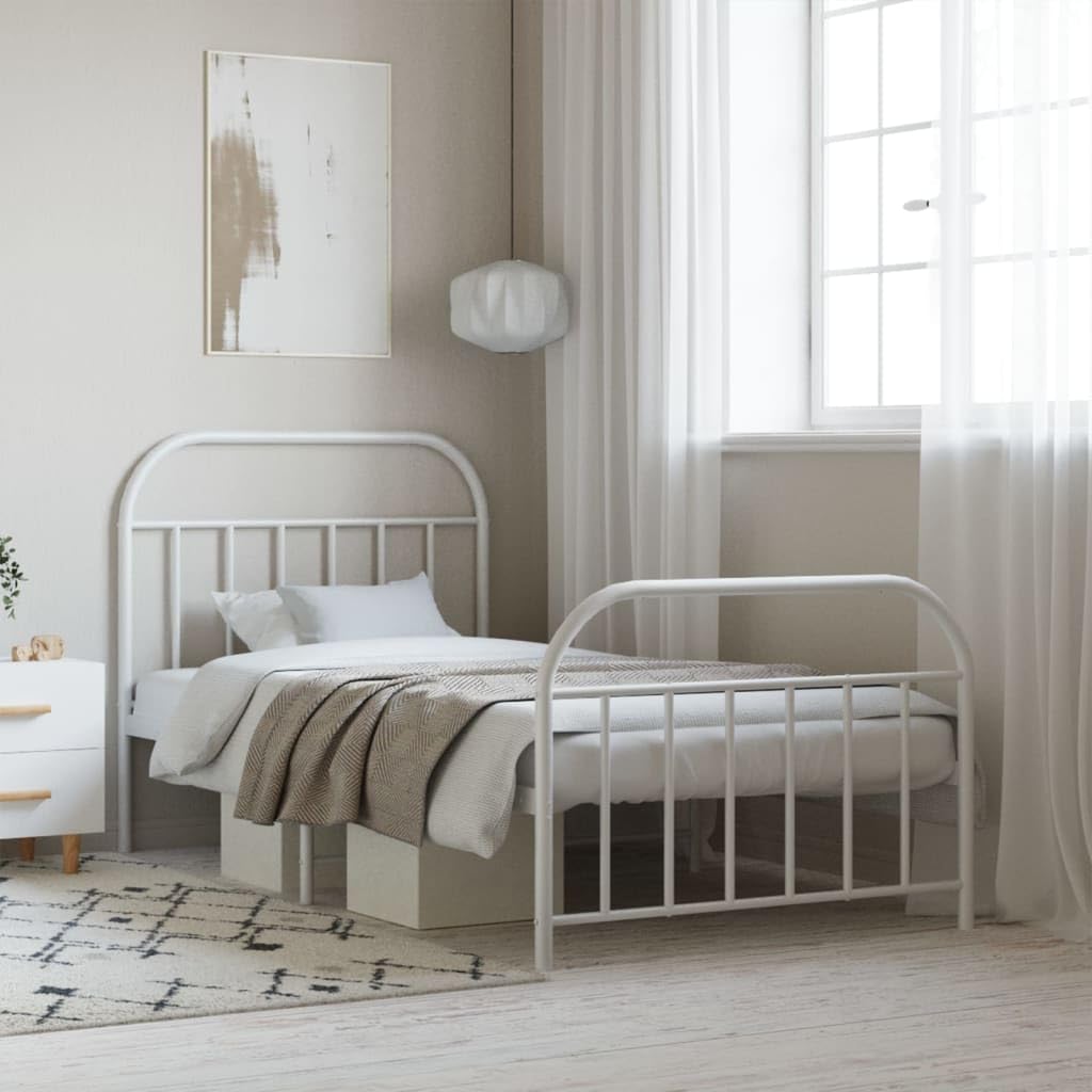 Cadre de lit métal 100x190cm blanc SKM anti-grincement pour un sommeil stable et calme