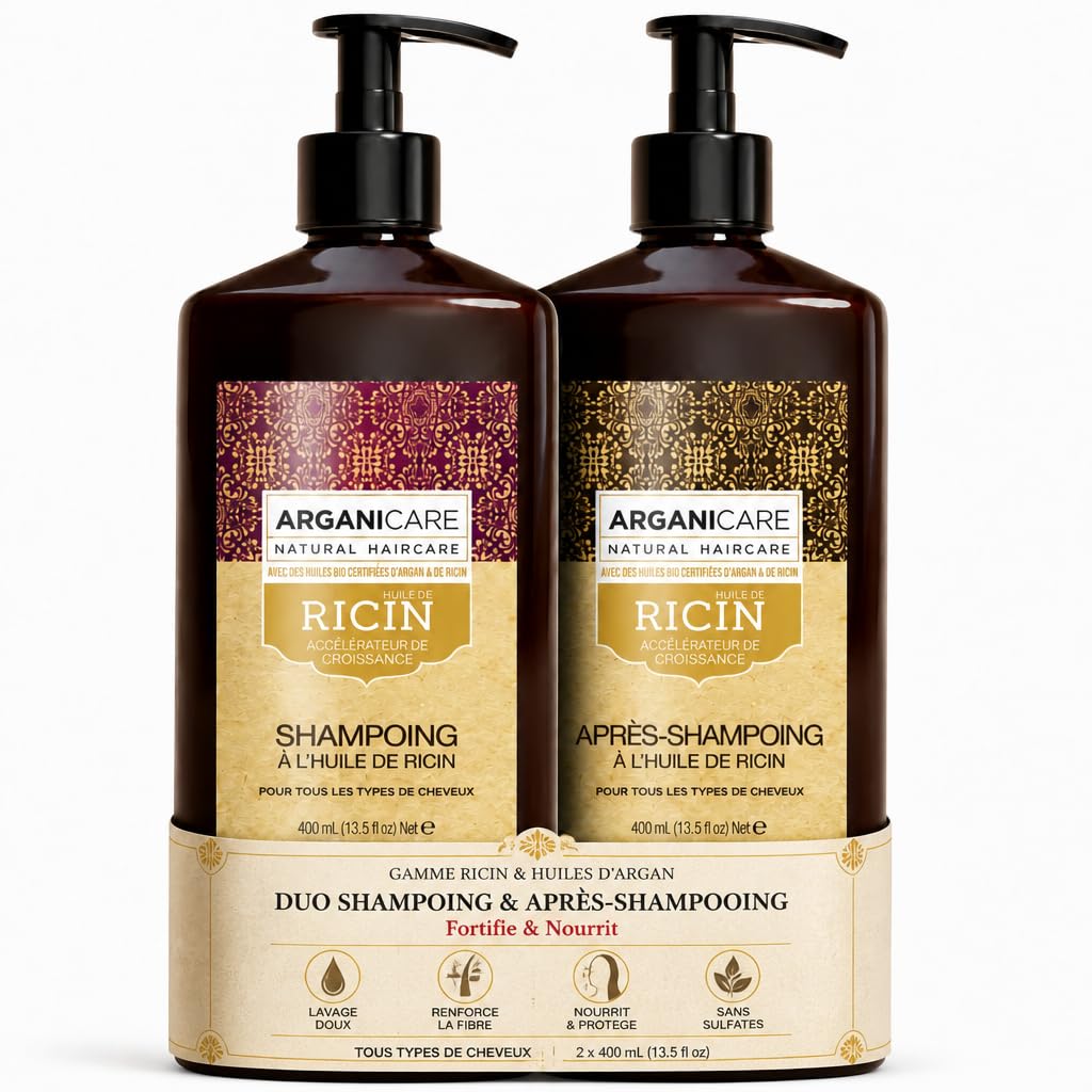 ARGANICARE Duo Shampooing Accélérateur de Croissance + Après-Shampooing Reconstructeur à l’Huile de Ricin Bio – 400 ml – Set 2 Produits pour Routine Capillaire