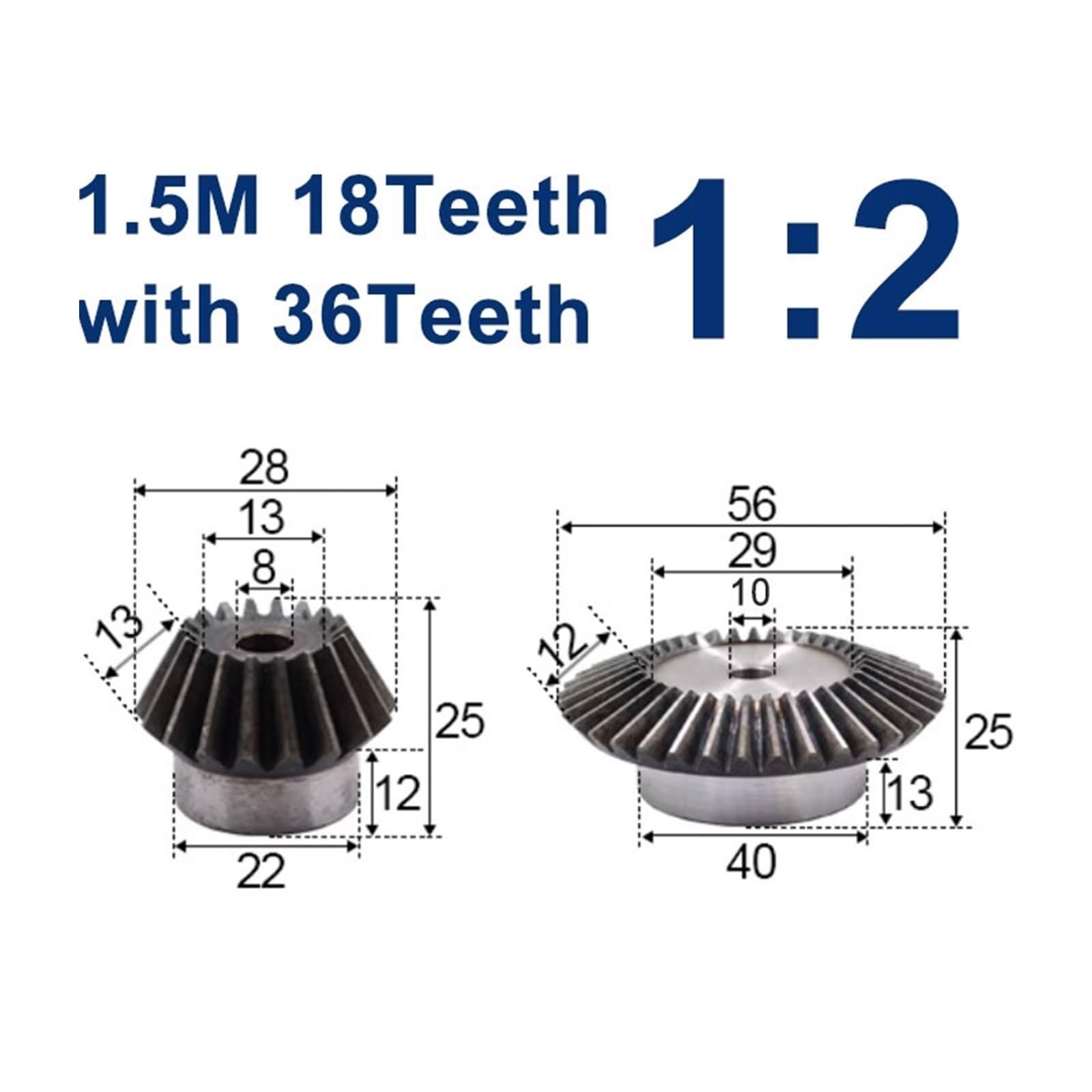 1 Satz Kegelradgetriebe 1:2, Modul 1,5, 18 Zähne + 36 Zähne, 90-Grad-Umschalt-Stahlgetriebe, 90-Grad-Getriebe (2 Set 1,5M 18T-36T)