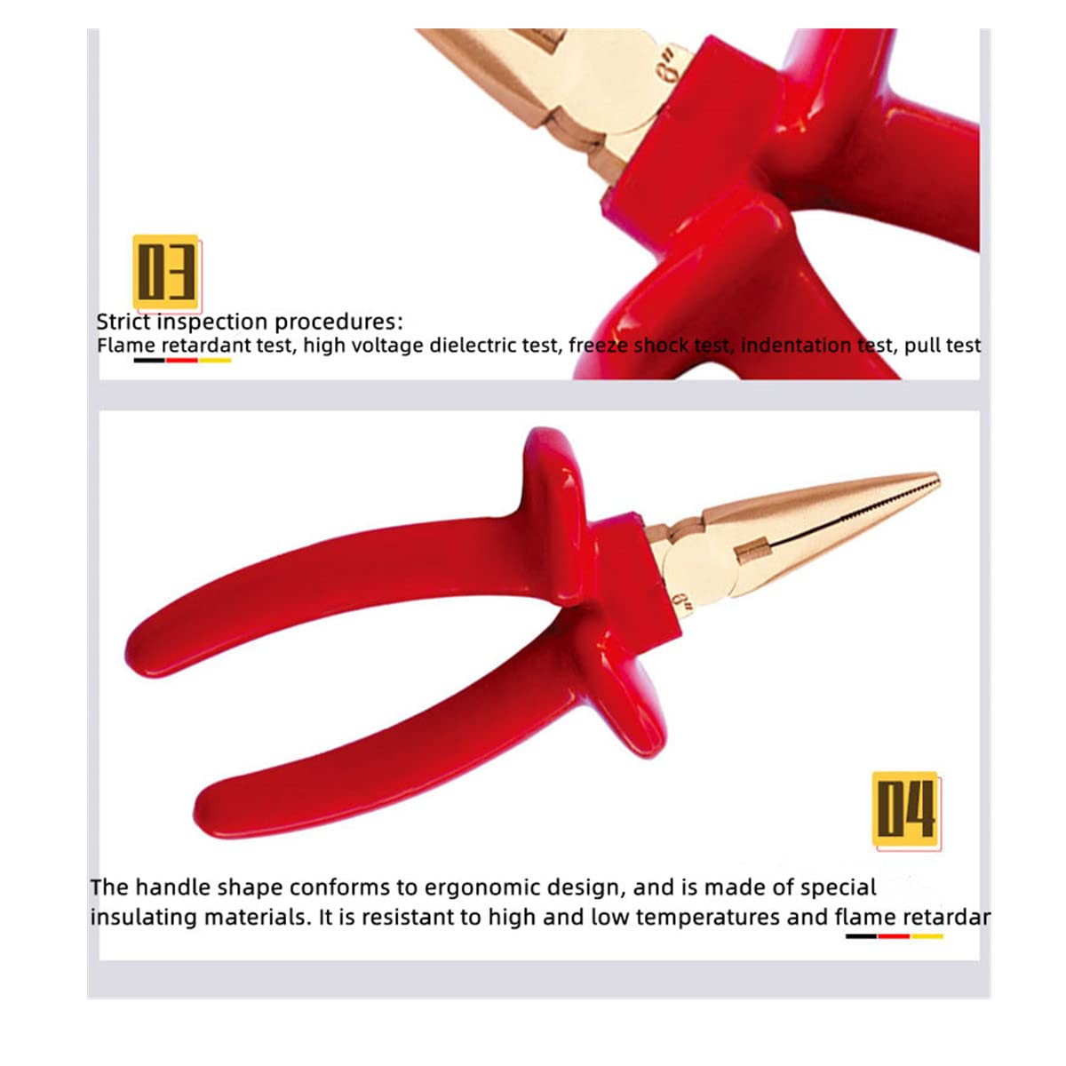 Szczypce płaskie, długość 8", izolowane, nieiskrzące, bezpieczne szczypce zanurzeniowe VDE 1000V, miedź berylowa, konstrukcja z pojedynczą główką, norma DIN(Beryllium Coppe,54x150mm)