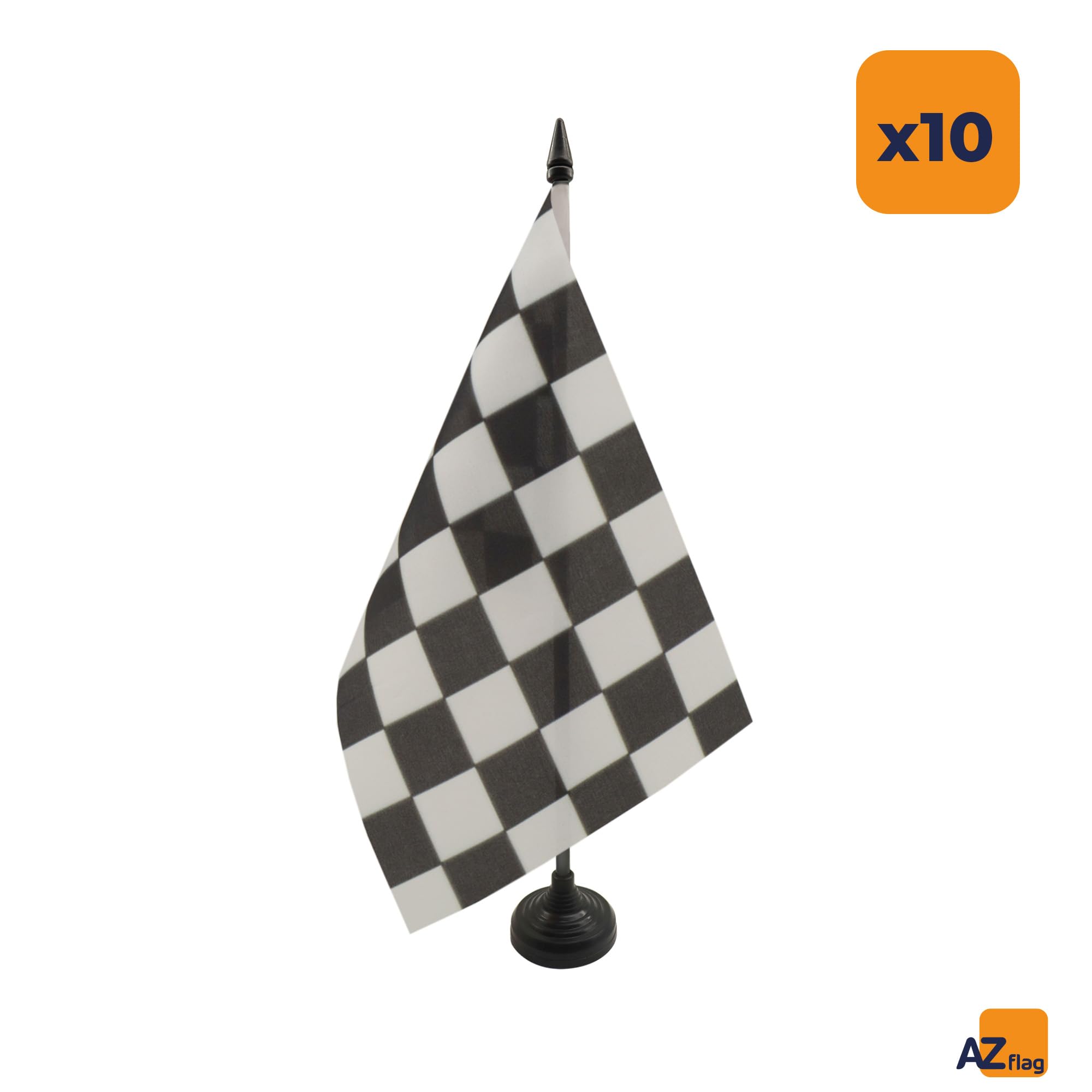 AZ FLAG Lot de 10 Drapeaux de Table Damier noir et blanc 21x14 cm | Usage intérieur Drapeau de bureau à damiers finition cousue et bords renforcés avec mât en plastique et socle en plastique