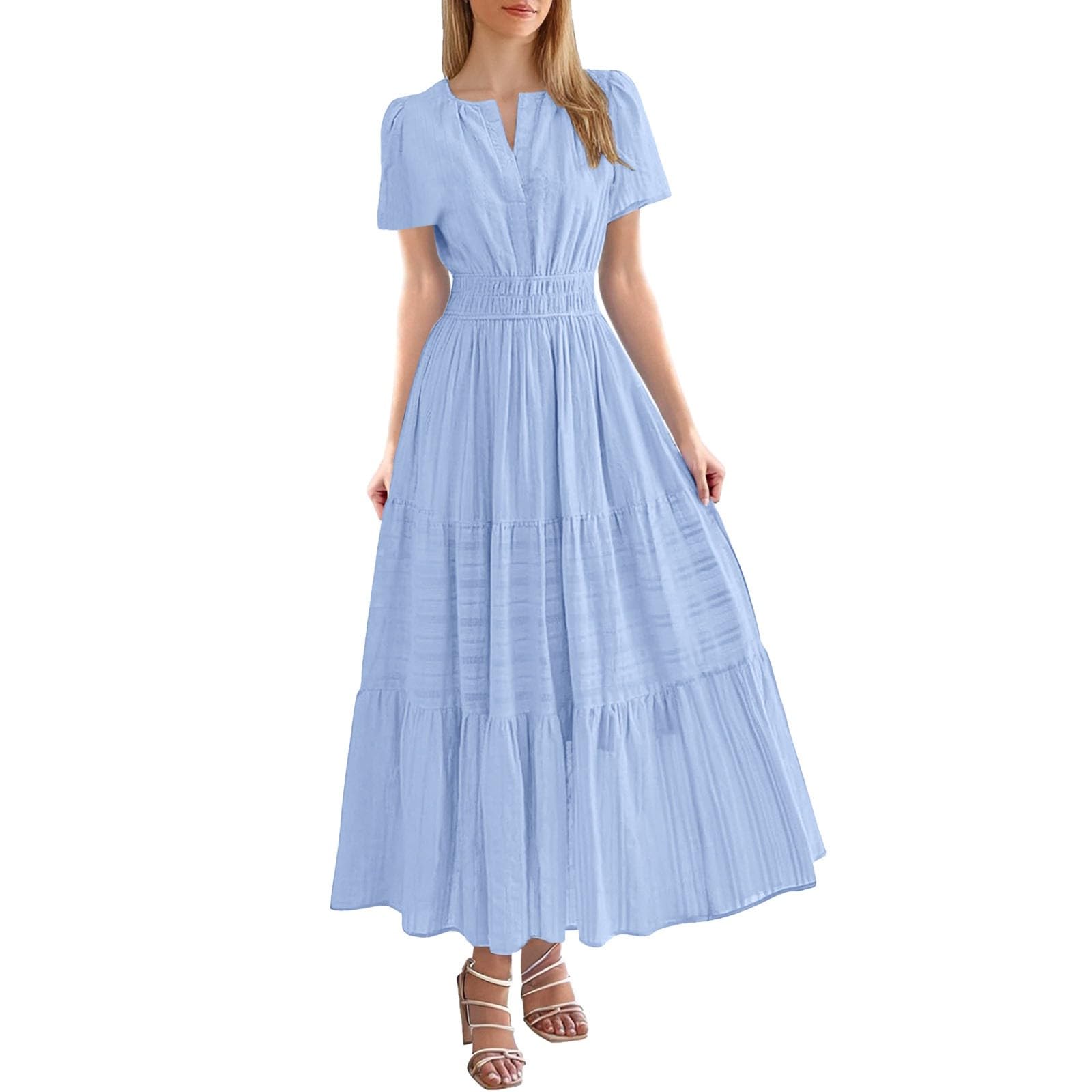 2026 Abito da donna casual abiti midi leggeri manica corta scollo a v elastico boho borse abito da spiaggia generico
