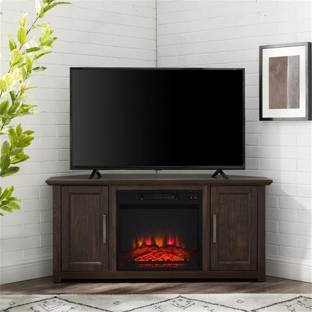 Pemberly Row 48" Corner Wood TV Stand with Fireplace, Dark Walnut Finish, Rustic Design, Tempered Glass Doors, Fits TVs Up to 50", Adjustable Shelves, Electric Fireplace Heating for Living Room