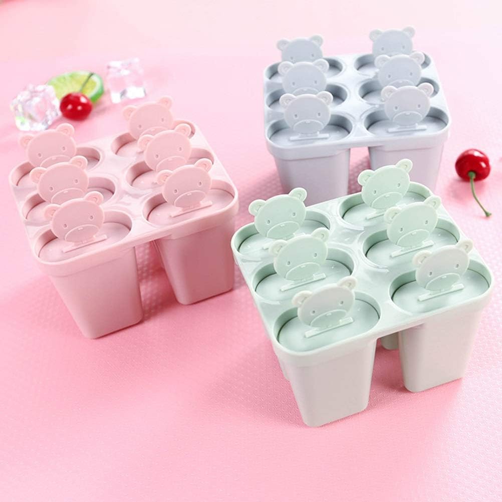 6 Cavity Ice Popsicle Makers Ice Lolly Molds Fashion Cute Bear Plastic Molds (Color : A)