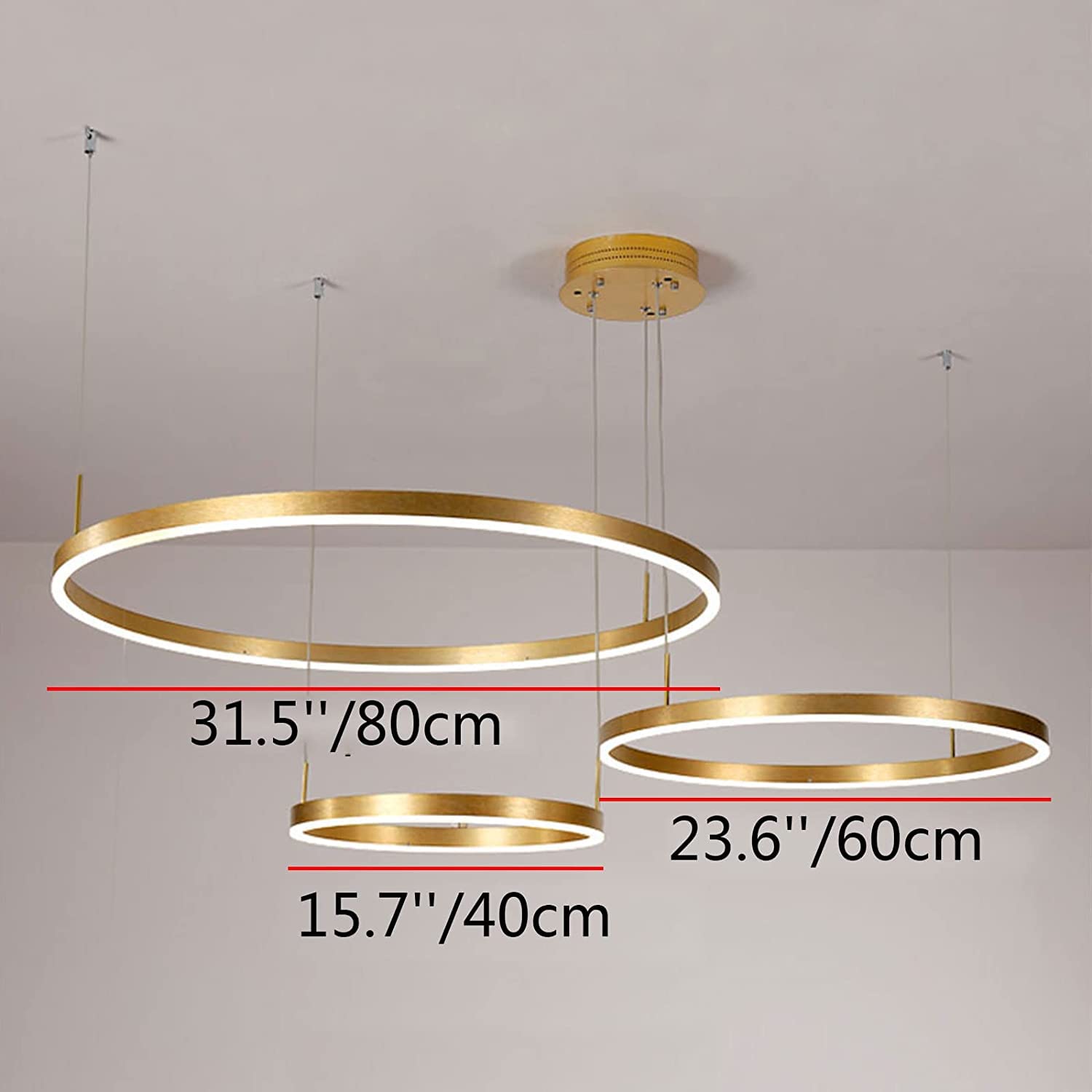 Lfoute LED 3 Ringen Hanglamp Dimbare Woonkamer Lamp Moderne Eettafel Kroonluchter Met Afstandsbediening Metalen Aluminium Hoogte Verstelbare Hanglamp Slaapkamer Keuken Plafondlamp,Goud