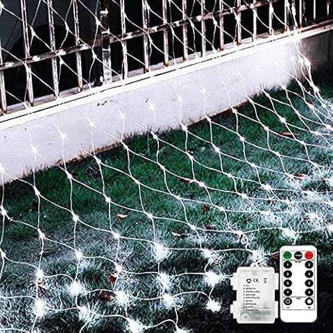 100 LED Battery Operated Net Mesh String Lights, 1.5M x 1.5M Fairy Net Lights with Remote & Timer, Clear Cable and Waterproof, Outdoor Fence Icicle Lights for Garden/Wedding/Christmas (Cool White) Cover
